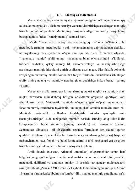 a sezilarli yutuqlar algebraik usullarni fanning boshqa sohalariga oʻtkazish imkonini berdi. buni ingliz maktabi muvaffaqiyatli amalga oshirdi, uning asoschisi 1847 yilda “formal mantiq; yoki xulosa hisobi, zarur va ehtimol”. u oʻz nomi bilan atalgan de morgan qonunlarini kashf etdi, munosabatlar nazariyasini ishlab chiqdi va 1838 yilda matematik induksiya tushunchasiga taʼrif berdi. biroq, j. buulning asarlari eng mashhurdir. 1847 yilda u “mantiqning matematik tahlili” risolasini, 1854 yilda esa mantiq boʻyicha “mantiq va ehtimollarning matematik nazariyalari asos solingan tafakkur qonunlarini oʻrganish” asosiy asarini nashr etdi. de morgan singari j.bul ham algebraning sof mavhum tabiatini tan olgan kembrij matematiklaridan biri edi. ular toʻplamlardagi eng oddiy amallar kommutativlik, assotsiativlik va distributivlik qonunlariga boʻysunishini payqashdi. qolgan narsa birlashma va qoʻshish, kesishish va koʻpaytirish, boʻsh sinf va nol, universal sinf va birlik oʻrtasidagi oʻxshashlikni chizish edi. bulning 1847 va 1854 yillardagi ishlarini mantiq algebrasining boshlanishi deb hisoblash mumkin (qarang: mantiq algebrasi ), rivojlanishning dastlabki bosqichi e. …