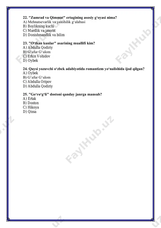 dor ravish d) holat ravish 13. "shaharga kech yetib bordik" gapida qanday hol mavjud? a) payt hol b) o‘rin hol c) miqdor hol d) maqsad hol 14. "uzoq yillik tajribaga ega inson" gapida qanday aniqlovchi bor? a) belgisiz aniqlovchi b) sifat aniqlovchi c) son aniqlovchi d) olmosh aniqlovchi 15. "uning singlisi maktabda o‘qiydi" gapida qanday so‘z birikmasi bor? a) ergashgan so‘z birikmasi b) juft so‘z birikmasi c) bog‘langan so‘z birikmasi d) mustaqil so‘z birikmasi 16. "bugun dars ertaroq tugaydi" gapida qanday ravish mavjud? a) o‘rin ravish b) payt ravish c) miqdor ravish d) holat ravish 17. "sinfga kirgan o‘qituvchi darsni boshladi" gapida qanday qo‘shma gap mavjud? a) bog‘langan qo‘shma gap b) ergashgan qo‘shma gap c) juft gap d) birikkan qo‘shma gap 18. qaysi gapda ta’kid yuklamasi mavjud? a) men bu kitobni albatta o‘qiyman. b) sen bugun juda kech qolding. c) o‘quvchilar kecha sayr qilishdi. d) ota-onalar bolalarini yaxshi tarbiyalaydi. 19. …
