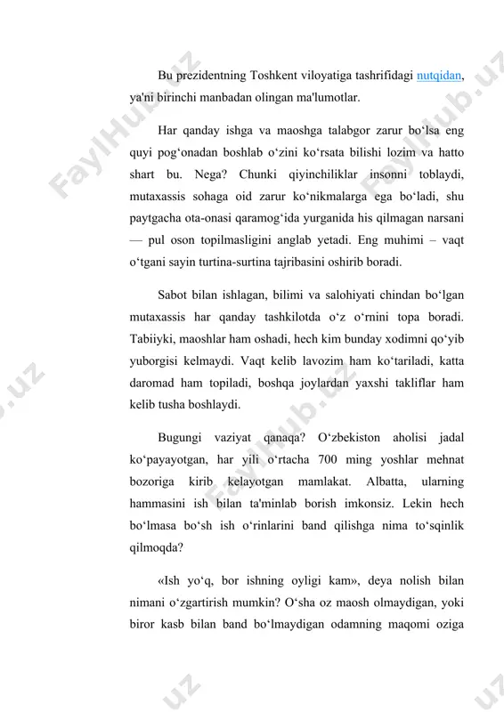 rgacha dehqonchilik qilish uchun bo‘lib beriladi va 15 ming nafar fuqaroning bandligi ta’minlanadi. ishsiz 13 ming nafardan ziyod fuqaro jamoat ishlariga jalb etiladi, bunga jamg‘arma hisobidan qariyb 30 milliard so‘m yo‘naltiriladi. bandlik jamg‘armasidan 40,7 milliard so‘m subsidiya ajratiladi. 14 milliard so‘m subsidiya mablag‘lari hisobidan 4 ming 726 nafar fuqaroga issiqxonalar qurib beriladi. 10 milliard so‘m subsidiya mablag‘lari hisobidan 2 ming 715 ta fuqaroga mehnat asbob-uskunalari sotib olinadi. kelgusi yilda hokim yordamchilari tomonidan aholini tadbirkorlikka o‘qitish, oilaviy tadbirkorlik dasturlari doirasida 900 milliard so‘m imtiyozli kredit mablag‘lari ajratilib, 22 ming nafardan ziyod aholining bandligi ta’minlanadi. 7 trillion so‘mlik 791 ta investitsiya loyihasi amalga oshirilib, 28 mingta yangi ish o‘rni yaratiladi. o‘zini o‘zi band qilish orqali 20 ming nafar aholini ro‘yxatdan o‘tkazish belgilangan ishsizlik darajasining eng yuqori ko’rsatkichi qashqadaryo, sirdaryo va farg‘ona viloyatlarida qayd etildi — 9,4%. 2019 yilning yanvar-iyun oylarida o‘zbekistonda ishsizlik darajasi 9,1%ni tashkil etdi. bu haqda bandlik va mehnat munosabatlari …