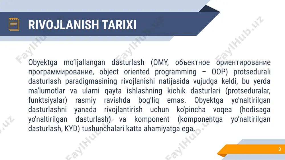troq darajadagi bunday protseduralar dasturning umumiy tuzilmasini belgilab beradi. ushbu protseduralarga izchil murojaatlar protseduralardan tashkil topgan dasturlarning bajarilishini boshqaradi. protseduraviy va obyektga mo’ljallangan dasturlash 11 dasturlashning bu yangi paradigmasi mashina tilida dasturlash paradigmasiga nisbatan ancha ilg‘or bo'lib, unga tuzilmalashtirishning asosiy vositasi bo’lgan protseduralar qo'shilgan edi. kichik funksiyalarni nafaqat tushunish, balki sozlash ham osonroq kechadi. strukturaviy dasturlashning asosiy g'oyasi «bo‘lakla va hukmronlik qil» prinsipiga butunlay mos keladi. kompyuter dasturni masalalar to'plamidan iborat deb qaraymiz. oddiy tavsiflash uchun murakkab bo'lgan ixtiyoriy masalani bir nechta, msbatan kichikroq bo‘lgan, tarkibiy masalalarga ajratamiz va bo’linishni toki masalalar tushunishi uchun yetarli darajada oddiy bo'lguncha davom ettiramiz. protseduraviy va obyektga mo’ljallangan dasturlash 12 misol sifatida kompaniya xizmatchilarining o'rtacha ish haqini hisoblashni olamiz. bu masala sodda emas. uni qator qism masalalarga bo'lamiz: 1. har bir xizmatchining oylik maoshi qanchaligini aniqlaymiz. 2. kompaniya xodimlari sonini aniqlaymiz. 3. barcha ish haqlarini yig’amiz. 4. hosil bo'lgan yig'indini kompaniya xodimlari soniga bo'lamiz. …