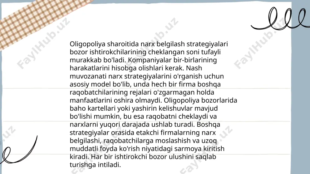 tlarida mahsulot narxi ishlab chiqarish xarajatlaridan yuqori bo'lib, foizli daromad olishni ta'minlaydi. aqshda monopoliyalar daromadi o'rtacha 15% bo'lishi mumkin. o'zbekistonda monopoliyalar infratuzilma sektorlarida keng tarqalgan bo'lib, energiya va gaz ta'minoti sohalarida asosiy o‘rinni egallaydi. narxlar bozor tamoyillariga mos ravishda belgilanishi zarur, lekin nazorat qilinmasa, tushunarsiz qilib ko'tarilishi mumkin. monopoliyalarga qarshi qonunlar mavjud, masalan, 1996-yilda o'zbekiston "raqobat to'g'risida" qonun qabul qilgan. sof raqobat, oligapoliya, monipolistik raqobat va sof manopoliya sharoitida ishlab chiqarish hajmi va narxning shakillanishi rayimqulov shahboz e'tiboringiz uchun raxmat! image1.png image2.png image3.png image4.jpg image5.png image6.jpg image7.jpg /docprops/thumbnail.jpeg
