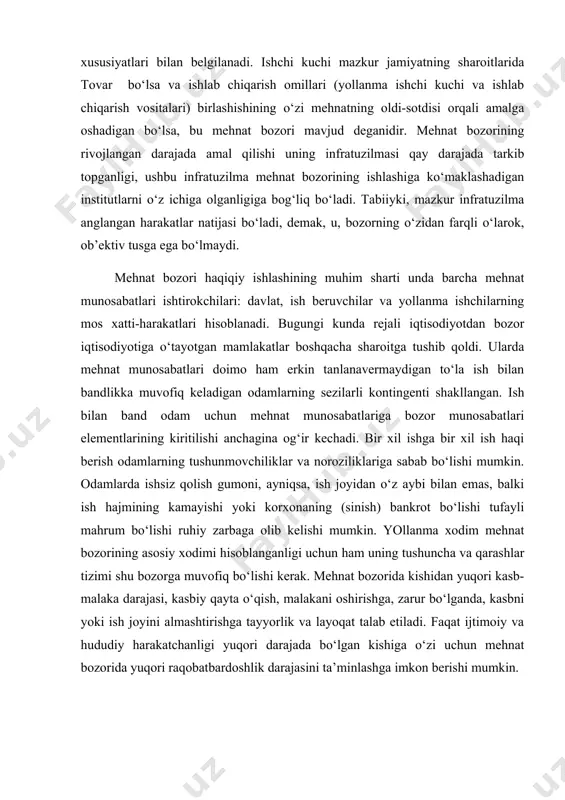 a kapital ishchi kuchining o‘rniga o‘tadi. ish haqi va ish bilan bandlik o‘rtasidagi o‘zaro bog‘liklik talabning egri chizig‘i bilan ko‘rsatib berilishi mumkin (4-chizma). 4-chizmadan ko‘rinib turganidek, talabning egri chizig‘i pasayadigan chiziq, ya’ni u ish haqi oshgan sayin mexnatga talab kamayishini ko‘rsatadi. ushbu egri chiziq ishchi kuchi qiymati o‘zgarib, talabga ta’sir etadigan boshqa omillar o‘zgarmagan taqdirda xodimlar soni qay tariqa o‘zgarishini ko‘rsatadi, shu bilan birga, ish haqi o‘zgarganda mehnatga talab egri chiziq bo‘ylab boradi. aytaylik, mahsulotga talab oshmoqda, boshqa omillar esa bunda o‘zgarayotgani yo‘q. bunda shu narsa ayon bo‘ladiki, ishlab chiqarish darajasi oshib boradi va ish haqi stavkasi qanday bo‘lishidan qat’i nazar ko‘lam samarasi mehnatga talabni oshiradi. mazkur holda o‘rnini bosish samarasi yuzaga kelmaydi, chunki mehnat va kapital narxlari o‘zgarmaydi. ro‘y bergan o‘zgarish umuman o‘ngga suriladigan mehnat talabi egri chizig‘i yordamida ko‘rsatilishi mumkin (5-chizma). ushbu surilish ehtimoliy ish haqi stavkasi qancha bo‘lishidan qati nazar mehnatga talab qilinadigan xodimlar sonining oshib borishini …