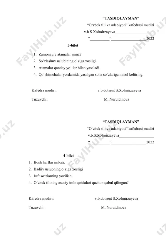ning o`ziga xosligi. 3. undoshlar imlosi. 4. qo‘shimchalar yordamida yasalgan soha so‘zlariga misol keltiring. kafedra mudiri: v.b.dotsent s.xolmirzayeva tuzuvchi : m. nurutdinova “tasdiqlayman” “o‘zbek tili va adabiyoti” kafedrasi mudiri v.b.s. xolmirzayeva_________________ “__________”__________________2022 7-bilet 1. ko‘chirish qoidalari. 2. bosh harflar imlosi 3. o‘zbek yozuvlari tarixi. 4. nutqning aniqligi. kafedra mudiri: v.b.dotsent s.xolmirzayeva tuzuvchi : m. nurutdinova “tasdiqlayman” “o‘zbek tili va adabiyoti” kafedrasi mudiri v.b.s. xolmirzayeva_________________ “__________”__________________2022 8-bilet 1. yozma nutqning o‘ziga xosligi 2. imloviy me’yor. 3. yozuv tamoyillari haqida gapiring 4. adabiy til haqida ma’lumot. kafedra mudiri: v.b.dotsent s.xolmirzayeva tuzuvchi : m. nurutdinova “tasdiqlayman” “o‘zbek tili va adabiyoti” kafedrasi mudiri v.b.s. xolmirzayeva__________________ “__________”__________________2022 9-bilet 1. sohaga oid xususiy atamalar ishtirokida 4ta gap tuzing. 2. marketing terminini izohlang. 3. o‘zbek tiliga davlat tili maqomi qachon berilgan? 4. chiziqcha bilan yozish imlosi. kafedra mudiri: v.b.dotsent s.xolmirzayeva tuzuvchi : m. nurutdinova “tasdiqlayman” “o‘zbek tili va adabiyoti” kafedrasi mudiri v.b.s. xolmirzayeva_________________ “__________”__________________2022 10-bilet 1. atamalarning …