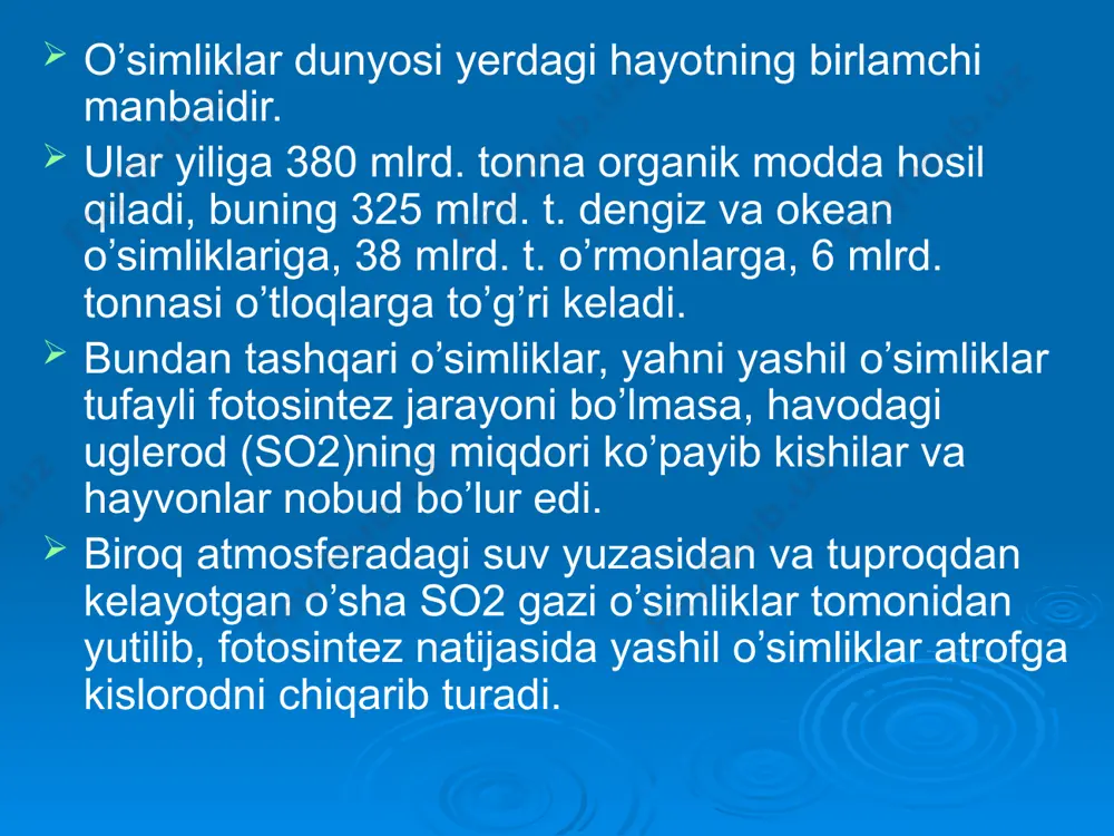 bilan tog’, cho’l, to’qayzor va vodiy o’rmonlariga ajratiladi. hozirgi vaqtda tog’ o’rmonlari 311 ming ga maydonni egallaydi, asosiy o’simligi archa hisoblanib, qolganlari turli-xil daraxt va butalardan iborat. cho’l o’rmonlari 2,4 mln. ga dan iborat. bu o’rmonlarning asosiy o’simligi saksovulzorlardir. to’qay o’rmonlari ilgarilari juda zich bo’lib, hozirda atigi 25 ming ga maydonda saqlanib qolgan. vodiy o’rmonlarini madaniy iqlimlashtirilgan daraxtlar tashkil etib, ular 12 ming ga dan iborat. xx asr boshlarida o’zbekiston o’rmonlarining maydoni 4-5 martaga qisqardi. ayniqsa to’qay o’rmonlari antropogen tazyiqqa duch keldi. dunyo bo’yi o’rmonlar xolati qoniqarli emas. haddan tashqari o’rmonlarni kesilishi avj olib, ularning tiklanishi yetarli emas. o’rmonlar kesilishini yillik hajmi 3 mlrd.m3 ni tashkil etadi. bu fao (bmtning oziq-ovqat va q/x tashkiloti)ning ma’lumotlariga qaraganda 2000 yilga kelib 1,5 barobarga ortdi. ayniqsa tropik o’rmonlar (er yuzining 7%idan iborat) holati g’oyat tashvishlidir. aniq ilmiy manbalarda keltirilishicha, biz yashab turgan yer kurrasida bundan 1,5 ming yil muqaddam o’rmonlar 47% maydonni tashkil …
