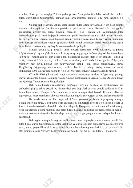 , 5 -10 uzunlik, 12 sm gacha, kengligi 7,5 sm gacha, petiole 2 sm gacha.stipulalar tushadi, bezli tuklar bilan, cho'zinchoq tuxumsimon, kamdan-kam lansolatsimon, uzunligi 6-12 mm, kengligi 4-6 mm. gullari oddiy, asosan yakka, kalta kigizli tuklar ustida joylashgan. kosa besh qismli, mevalari bilan qolgan. corolla och pushti, oq yoki pushti, katta, diametri 4,5-5 sm gacha; gulbarglari qiyshaygan, kalta tirnoqli. stamens 15-25, odatda 20. gipantiyum bilan birlashtirilgan pastki besh hujayrali tuxumdonli pistil; beshinchi ustunlar, zich tuklar, ularning har biri qiya tishli stigma bilan tugaydi; gipantiyumning ko'zasimon kengaytirilgan qismining ustki chetiga biriktirilgan, chetlari glandular tishli, tashqi tomondan kigizli besh karpel; sepals besh, butun, cho'zinchoq, qiyshiq. may-iyun oylarida gullaydi. mevasi beshta koʻp urugʻli, tukli, deyarli sharsimon yoki noksimon, koʻpincha toʻgʻridan-toʻgʻri qovurgʻali, limon yoki toʻq sariq rangga ega, baʼzan qizgʻish bir tomonlama “qoʻngʻiz” rangga ega boʻlgan soxta olma, pishganida dastlab kigiz oʻsib chiqadi. , silliq va qattiq, diametri 2,5-3, yovvoyi holda 5 sm va …