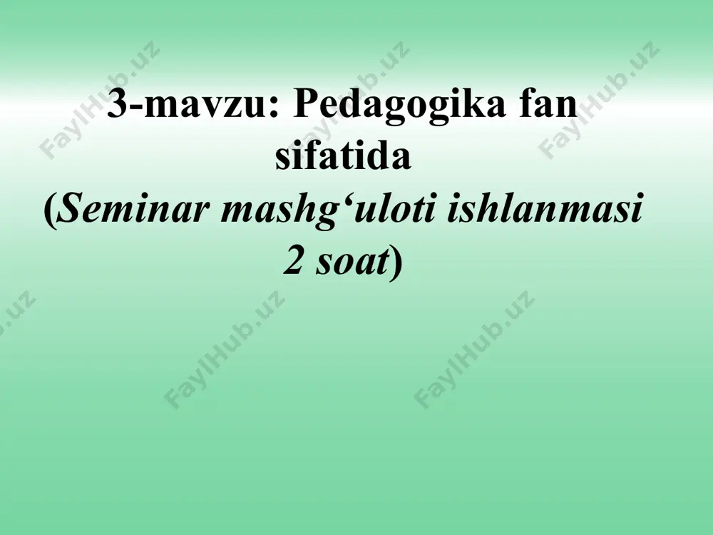 imani tushunasiz? 2-topshiriq. pedagogika fanining asosiy kotegoriyalari va pedagogik tadqiqotlar metodini aniqlashda charxpalak metodini bajarish tushunchalar pedagogika fanining asosiy kаtegoriyalari pedagogika fanining ilmiy tadqiqotlar metodlari suhbat anketa (test) rivojlanish pedagogik kuzatish bilim ma’lumot malaka bolalar ijodini o‘rganish ko‘nikma pedagogik tahlil pedagogik tajriba shaxs intervyu hujjatlarni tahlil qilish matematik statistika ta’lim 2-topshiriq. pedagogika fanining asosiy kotegoriyalari va pedagogik tadqiqotlar metodini aniqlashda charxpalak metodini bajarish tushunchalar pedagogika fanining asosiy kotegoriyalari pedagogika fanining ilmiy tadqiqotlar metodlari suhbat + anketa (test) + rivojlanish + pedagogik kuzatish + bilim + ma’lumot + malaka + bolalar ijodini o‘rganish + ko‘nikma + pedagogik tahlil + pedagogik tajriba + shaxs + intervyu + hujjatlarni tahlil qilish + matematik statistika + ta’lim + 3-topshiriq. pedagogika fanining asosiy kotegoriyalarini aniqlashda muqobilini tanlash testi 1 malaka a psixologik jihatdan taraqqiy etgan, shaxsiy xususiyatlari va xatti-harakatlari bilan boshqalardan ajralib turuvchi, muayyan xulq-atvor va dunyoqarashga ega bo‘lgan jamiyat a’zosi 2 rivojlanish b o‘quvchilarni …