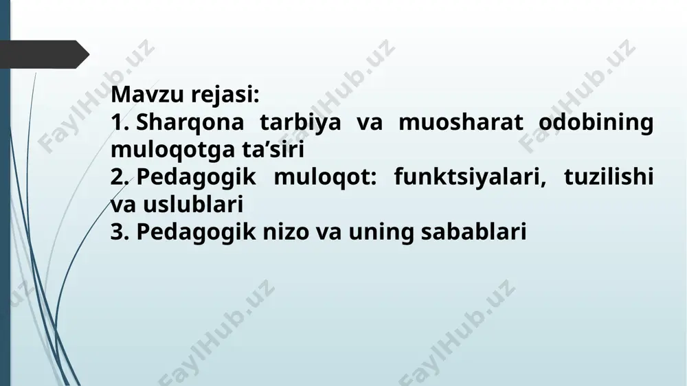 yo‘naltiruvchi eng muhim vosita, bunda o‘qituvchining muhim fazilati, uning muloqot madaniyatiga asoslangan muomalasidir. muomala barcha falsafiy va psixologik fanlarda o‘ziga xos ta’rifga ega. pedagogikaning kategoriyasi sifatida muomala o‘quvchilar qalbiga yo‘l topa olish, ularga yondashish uchun mehrini qozonish, pedagogik nuqtai nazardan ta’lim-tarbiya jarayonida o‘quvchilar bilan o‘zaro aloqa bog‘lashga qaratilgan o‘qituvchining pedagogik qobiliyatidir. o‘qituvchi o‘quvchilar bilan muomalaga kirishish asosida: 1. o‘z ijodkorligini va pedagogik mahoratini namoyish qiladi. 2. yosh avlodni milliy mafkuramiz va milliy madaniyatimiz ruhida tarbiyalaydi. 3. sharqona udum va urf-odatlarimiz asosida barkamol shaxsni shakllantiradi. 4. o‘zining ta’lim-tarbiyaviy imkoniyatlarini namoyish etgan holda, har bir o‘quvchi qalbiga yo‘l topadi. muomala o‘qituvchi faoliyatining muhim tarkibiy qismi bo‘lib, o‘zida ulkan pedagogik imkoniyatlarni mujassamlashtiradi. pedagogik muomalada o‘qituvchi quyidagi faoliyatga qat’iy amal qilishi lozim: - o‘qituvchida tarbiyalash mahoratining shakllanganligi. uning tarbiyaviy jarayonga oid so‘z va ohangni tanlay bilishi va ta’sir o‘tkaza olishi; - muomala ob’ekti bo‘lmish o‘quvchilar diqqatini jalb qiluvchi nutq, pauza, harakat, imo-ishoralarni o‘z o‘rnida …