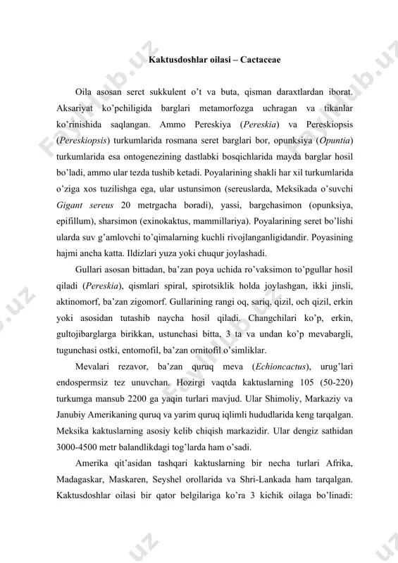 kaktuslarning bir necha turlari afrika, madagaskar, maskaren, seyshel orollarida va shri-lankada ham tarqalgan. kaktusdoshlar oilasi bir qator belgilariga ko’ra 3 kichik oilaga bo’linadi: pereskiyadoshchalar (pereskioideae), opunksiyadoshchalar (opuntioideae) va kaktusdoshchalar (cactoideae). birinchi oilacha 2, ikkinchisi 6 turkumni o’z ichiga oladi. kaktusdoshchalar esa bu oilaning markaziy kichik oilasi bo’lib, 19 turkumni o’z ichiga oladi va barcha kaktuslarning asosiy ko’pchilik turlarini tashkil etadi. kaktusdoshlarning tabiatda va inson hayotida ahamiyati katta. ularning manzarali o’simliklar sifatida ekiladigan 300 dan ko’proq turlari bor. tropik mamlakatlarda, janubiy amerikada o’suvchi “hindiston anjiri” deb ataladigan (opuntia ficus indica), sereus triangularis (cereus triangularis) kabi turlarining mevasi yeyiladi. ularning mevasi katta nokdck bo’lib, meksika bozorlarida sotiladi, shirasidan “pulkve” deb ataluvchi spirtli ichimlik tayyorlanadi. “hindiston anjiri” avstraliyagacha tarqalgan va yaylovlarning ashaddiy begona o’tiga aylangan. ayrim nopalea kaktuslarida (nopalea mondcantia, n. coccinillitera) koshenil shira bitlari ko’paytiriladi va ulardan mashhur karmin qizil bo’yog’i olinadi. eng yirik manzarali kaktuslarga cereus giganteus misol bo’ladi. yirik gulli …