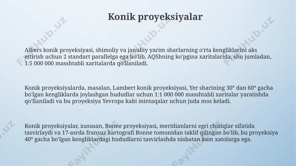 ning sirtining qarama-qarshi nuqtasida joylashgan holda, masalan, shimoliy qutbni proyeksiyalashda janubiy qutbni markaz sifatida oladi va butun yer yuzasini (antarktida bundan mustasno) deformatsiya bilan aks ettiradi. azimutal proyeksiyalar yer sharining bir nuqtasini tekislikka proyeksiyalash orqali hosil boʻlib, masalan, 1:50 000 masshtabdagi xarita uchun moskva markazini asosiy nuqta deb olinsa, u atrofdagi hududlarning buzilishi minimal boʻladi. proyeksiya turlari merkator proyeksiyasi, 1569-yilda geradus merkator tomonidan yaratilgan, silindrsimon proyeksiya bo'lib, u ekvatorda aniq, lekin qutblarga yaqinlashganda buzilishlar kuchayadi. ko'p konusli proyeksiyalar, masalan, albers proyeksiyasi, 2 standart parallel va markaziy meridian bilan katta hududlarni, jumladan, qo'shma shtatlarning katta qismlarini tasvirlashda ishlatiladi. azimutal proyeksiyalar, masalan, gnomonik proyeksiya, tekis yuzaga proeksiyalanadi va yerning faqat yarmini, masalan, shimoliy yarim sharni aniq aks ettiradi. e'tiboringiz uchun rahmat @taqdimot_robot image4.png image3.jpeg