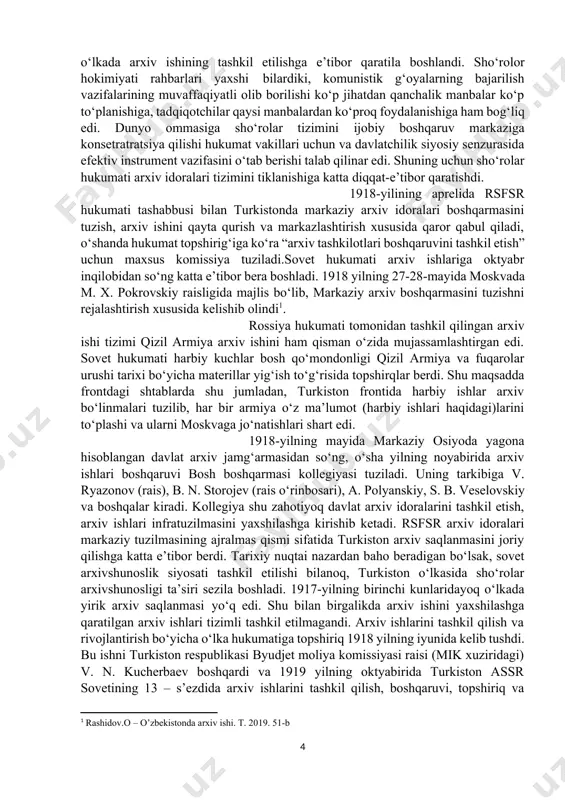 di. dunyo ommasiga sho‘rolar tizimini ijobiy boshqaruv markaziga konsetratratsiya qilishi hukumat vakillari uchun va davlatchilik siyosiy senzurasida efektiv instrument vazifasini o‘tab berishi talab qilinar edi. shuning uchun sho‘rolar hukumati arxiv idoralari tizimini tiklanishiga katta diqqat-e’tibor qaratishdi. 1918-yilining aprelida rsfsr hukumati tashabbusi bilan turkistonda markaziy arxiv idoralari boshqarmasini tuzish, arxiv ishini qayta qurish va markazlashtirish xususida qaror qabul qiladi, o‘shanda hukumat topshirig‘iga ko‘ra “arxiv tashkilotlari boshqaruvini tashkil etish” uchun maxsus komissiya tuziladi.sovet hukumati arxiv ishlariga oktyabr inqilobidan so‘ng katta e’tibor bera boshladi. 1918 yilning 27-28-mayida moskvada m. x. pokrovskiy raisligida majlis bo‘lib, markaziy arxiv boshqarmasini tuzishni rejalashtirish xususida kelishib olindi[footnoteref:3]. rossiya hukumati tomonidan tashkil qilingan arxiv ishi tizimi qizil armiya arxiv ishini ham qisman o‘zida mujassamlashtirgan edi. sovet hukumati harbiy kuchlar bosh qo‘mondonligi qizil armiya va fuqarolar urushi tarixi bo‘yicha materillar yig‘ish to‘g‘risida topshirqlar berdi. shu maqsadda frontdagi shtablarda shu jumladan, turkiston frontida harbiy ishlar arxiv bo‘linmalari tuzilib, har bir armiya …