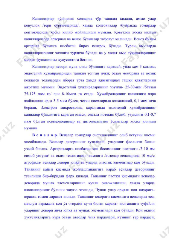 а қон ўз оғирлик кучи билан ҳаракат қилганлиги туфайли уларнинг девори анча юпқа ва мушак элементлари кам бўлади. қон оқими ҳусусиятларига кўра баъзи аъзолар /мия пардалари, кўзнинг тўр пардаси, қон яратувчи аъзолар, йўлдош/ нинг веналарида мушак элементлари мутлақо бўлмайди. деворида мушак элементларининг ривожланиши даражасига қараб веналар икки типга бўлинади: 1. мушаксиз ва 2. мушакли веналар. мушакли веналар ўз навбатида; 1. мушак элементлар кучсиз тараққий этган, 2. мушак элементлари ўртача тараққий этган, з. мушак элементлари кучли тараққий этган веналарга бўлинади. мушаксиз /ёки толали типдаги веналар/. бу веналарнинг девори базал мембрана устида ётган бир қават эндотелий ҳужайралар билан қопланган. базал мембранадан ташқарида юпқа бириктирувчи тўқимали қават бўлиб, у ўзини ўраб турган тўқималар билан қўшилиб кетади, буларга каттиқ ва юмшоқ мия пардалари, кўзнинг тўр пардаси, суяк, талоқ ва йўлдош веналари киради. мия пардалари ва кўзнинг тўр пардаси веналар қон босимига мос равишда ўзгурувчан бўлади. улар жуда хам кенгайиши мумкин, лекин уларда тўпланган қон …