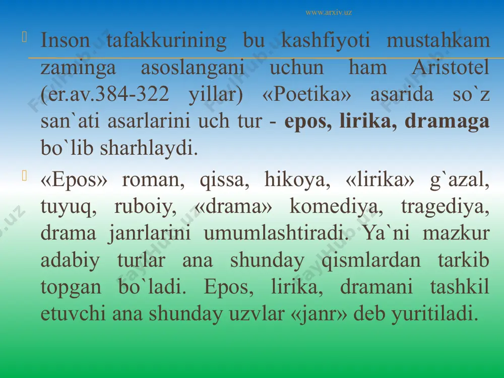 rda obyektiv va subyektiv ibtidolarning uyg`un birikishi kuzatiladi: asardagi badiiy voqelikni biz shartli ravihda obyektiv ibtido deb olsak, asar to`qimasining har bir nuqtasiga singdirib yuborilgan muallif shaxsini biz subyektiv ibtido deb yuritamiz. badiiy voqelikni shartli ravishdagina "obyektiv" ibtido deyishimizga sabab, u reallikdan olingan oddiygina nusxa emas, balki voqelikning ijodkor ko`zi bilan ko`rilgan, ideal asosida idrok etilgan, baholangan va ijodiy qayta ishlangan aksi ekanligidir. shunday ekan, muallif obrazi hatto "obyektiv tasvir" yo`lidan borilib, muallif imkon qadar o`zini chetga olgan asarlarda ham mavjud bo`lishi tabiiydir. demak, epik asarlarda badiiy voqelik bilan bir qatorda noplastik muallif obrazi ham har vaqt mavjuddir. www.arxiv.uz epik asarda voqea-hodisalarni hikoya qilib berayotgan shaxs roviy yoki hikoyachi deb yuritiladi. yuqorida aytganimizdek, epik asarda rivoya ko`pincha muallif tilidan, ba`zan esa personajlardan biri tilidan olib boriladi. masalan, g`afur g`ulomning "shum bola", "yodgor", x.to`xtaboyevning "sariq devni minib", e.a`zamovning "otoyining tug`ilgan yili" kabi qissalarida rivoya personaj tilidan olib boriladi. www.arxiv.uz shuningdek, rivoya …