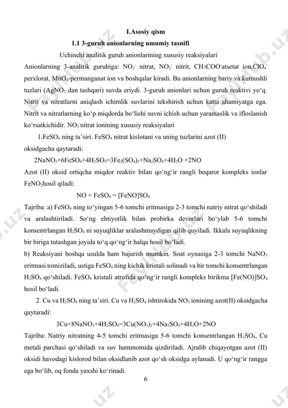 [fe(no)]so4 hosil bo‘ladi. 2. cu va h2so4 ning ta’siri. cu va h2so4 ishtirokida no3-ionining azot(ii) oksidgacha qaytaradi: 3cu+8nano3+4h2so4=3cu(no3)2+4na2so4+4h2o+2no tajriba: natriy nitratning 4-5 tomchi eritmasiga 5-6 tomchi konsentrlangan h2so4, cu metali parchasi qo‘shiladi va suv hammomida qizdiriladi. ajralib chiqayotgan azot (ii) oksidi havodagi kislorod bilan oksidlanib azot qo‘sh oksidga aylanadi. u qo‘ng‘ir rangga ega bo‘lib, oq fonda yaxshi ko‘rinadi. 2no + o2 = 2no2 3. al yoki zn ning ta’siri. al va naoh ishtirokida hno3 va uning tuzlarini nh3 gacha qaytaradi: 3nano3+8al+5naoh+2h2o=8naalo2+3nh3 3no3-+8al0+5oh-=3nh3+8alo2 tajriba: nano3 yoki kno3 ning 4-5 tomchi eritmasiga 5-6 tomchi naoh eritmasi va al donachasi qo‘shiladi. probirkadagi moddalar suv hammomida bir oz qizdiriladi. ajralib chiqayotgan nh3 hididan yoki probirka og‘ziga tutilgan nam qizil lakmus qog‘ozining ko‘karishidan aniqlanadi. 4.difenelaminning ta’siri. (c6h5)2nh nitrat kislota ta’sirida oksidlanib, to‘q ko‘k rangli birikma hosil qiladi. tajriba: soat oynasiga difenilaminning konsentrlangan sulfat kislotadagi eritmasidan 3-4 tomchi tomiziladi va natriy nitrat eritmasidan bir tomchi qo‘shiladi. …