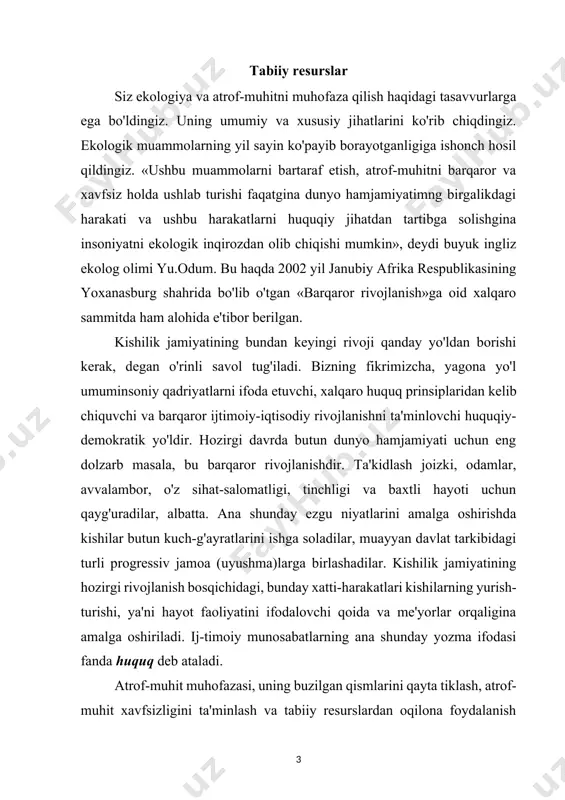 ning buzilgan qismlarini qayta tiklash, atrof-muhit xavfsizligini ta'minlash va tabiiy resurslardan oqilona foydalanish jarayonida yuzaga keladigan kishilar o'rtasidagi munosabatlar ijtimoiy munosabatlar turkumiga kirib, fanda umumlashtirilgan tarzda uni- ekologik munosabat, aniqrog'i, ekologik-huquqiy munosabat deb ataladi. barqaror rivojlanish yo'lida turgan har qanday davlat uchun huquqiy demokratik davlat qurish va fuqarolik jamiyatini shakllantirish pirovard maqsad hisoblanadi. chunki unda xalq irodasi qonunlarda aks etadi, fuqarolarning davlat boshqaruvida faol ishtirok etishlari qonun ustivorligini ta'minlashda va adolatni yuzaga chiqarishda so'zsiz xizmat qiladi. ekologik munosabatlarni huquqiy tartibga solish uchun milliy va xalqaro huquqda ekologik me'yorlar va qoidalarni tabiat qonuniyatlariga mos ravishda ishlab chiqish, ularni vakolatli davlat organlari, nodavlat tashkilotlar yoki jamoalar tomonidan qabul qilish, faoliyat ko'rsatuvchilar (ishtirokchilar) o'rtasida ushbu me'yorlarni umummajburiy kuchga ega qilish va albatta, huquqiy madaniyatli kishilarni rag'batlantirish, huquqbuzarlarni esa tegishli yuridik javobgarlikka tortish mexanizmi (muqarrarligi)ni yaratish zarur. aks holda, atrof-muhitni muhofaza qilishning huquqiy jihatdan tartibga solish imkoniyatini yuzaga chiqarish mumkin bo'lmaydi.demak, ekologik munosabatlarni huquqiy …