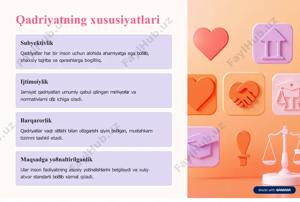 tlar. ǫadriyatlar nazariyasining zamonaviy ahamiyati ilmiy asos qadriyatlar nazariyasi inson faolligini chuqur anglash va ijtimoiy o8zgarishlarni boshqarishda muhim ilmiy platformadir. madaniy moslashuv dunyoning globalizatsiyasi sharoitida qadriyatlarni saqlash va targ8ib qilish madaniyatlararo muloqot o8rnatishda asosiy ahamiyatga ega. shaxsiy rivojlanish qadriyatlar yordamida inson o8z maqsadlarini belgilaydi va hayot sifatini oshiradi. image1.jpg image2.png image3.jpg image4.jpg image5.jpg