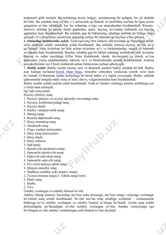o‘zlashuv uslubining yana bir o‘ziga xos xususiyati erkinligidir. jumlalar qisqa va ta’sirli bo‘lib, ko‘pincha so‘z – daplar, to‘liqsiz gaplar, maqol va matallar hamda iboralardan keng foydalaniladi. umumxalq tili ma’lum bir xalqning so‘zlashuv tilidir. adabiy til esa ma’lum bir til qoidalari asosida tuzilgan, ishlangan, sayqal berilgan tildir. umumxalq tili kengroq hajmda bo‘lib, u sheva va lahjalar, kasb-hunarga oid so‘zlar, atamalar, jargonlar, ma’lum toifa (biror ijtimoiy guruh) ga oid so‘zlarni ham o‘z ichiga oladi. bu xil tilda nutq erkin bo‘lib, til qoidalariga asoslanilmaydi. faqat muayyan bir hududga xos ayrim belgilarni o‘zida namoyon qilgan til shakli sheva hisoblanadi. bir qancha shevalar yig‘indisi lahja deyiladi. sheva va lahjalar ma’lum bir hududda yashovchi aholining mahalliy so‘zlashuv tilidir (masalan, toshkent shevasi, farg‘ona shevasi kabi). 2. ilmiy uslub:fan-tеxnikaning turli tarmoqlariga doir ilmiy asarlar, darsliklar ilmiy uslubda yoziladi. ilmiy uslub aniq ma'lumotlar asosida chiqarilgan ilmiy xulosalar (qoidalar, ta'riflar)ga boy bo’lishi bilan boshqa uslublardan farq qiladi: yomg’ir - suyuq …