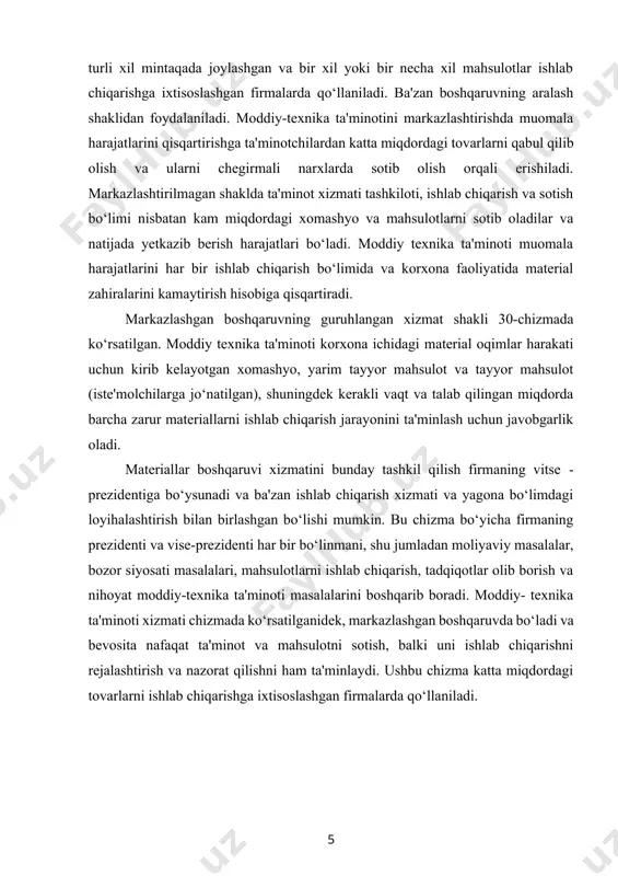 zma bo‘yicha firmaning prezidenti va vise-prezidenti har bir bo‘linmani, shu jumladan moliyaviy masalalar, bozor siyosati masalalari, mahsulotlarni ishlab chiqarish, tadqiqotlar olib borish va nihoyat moddiy-texnika ta'minoti masalalarini boshqarib boradi. moddiy- texnika ta'minoti xizmati chizmada ko‘rsatilganidek, markazlashgan boshqaruvda bo‘ladi va bevosita nafaqat ta'minot va mahsulotni sotish, balki uni ishlab chiqarishni rejalashtirish va nazorat qilishni ham ta'minlaydi. ushbu chizma katta miqdordagi tovarlarni ishlab chiqarishga ixtisoslashgan firmalarda qo‘llaniladi. 15 1-chizma. guruhlangan muvofiq xizmatlarni tashkil etish moddiy texnika ta'minotining markazlashgan boshqaruv chizmasi 2 - chizmada ko‘rsatilgan tizim ham markazlashgan boshqaruvga ega. 3- chizmada ko‘rsatilgan chizmadan farqli ravishda, bu chizma funksional bo‘limlar miqdorining ko‘pligi bilan xarakterlanadi. bu tizimning xususiyati shundaki, tovar ishlab chiqarish va zahiralarni boshqarish bo‘yicha ishlab chiqarish bo‘limi firmasida funksiyalarni birlashtirish hisoblanadi. logistikani fan sifatida, bilimlar tizimi, tamoyillari va usullari sifatida bilmaslik xodimning kasbiy kamchiliklarini tavsiflaydi, bu esa sub’yektning ishida (biznesda) ma’lum bir harajatlarning qo‘shimcha sarflanishiga olib keladi. shuning uchun bozor iqtisodiyotining markaziy …