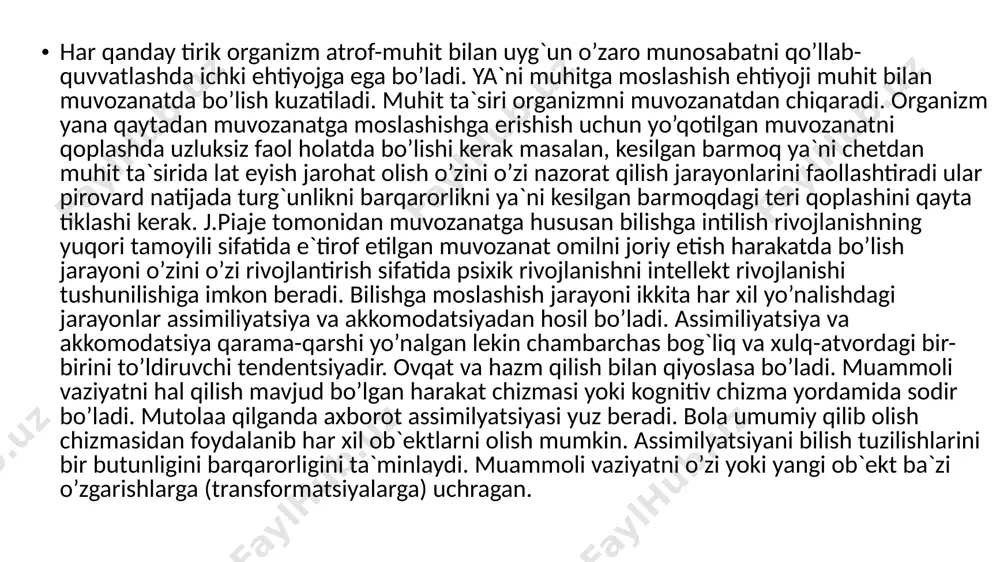irlashga o’rganadi. assimilyatsiya va akkomadatsiya tendentsiyalarini muvozanatlashtirish birmuncha darajada samarali moslashuvini ta`minlaydi, lekin bu holat har doim taxminiy vaqtincha bo’lib buzilishi yana kuzatiladi. ushbu tarkibiy qismlarni hulq-atvordagi o’zaro aloqasi har xil bo’lishi mumkin akkomadatsiyadan assimilyatsiyani ustunligi kichkina bolalarning ramziy o’yinlarida kuzatiladi. bolaning hoxishi va qiziqishidan bog`liqlikda qari daraxt bo’lagi “hazilkash” ham qo’g`irchoq ham qayiq, ham samaliyot bo’lishi mumkin. akkomadatsiya ko’proq taqlid qiluvchi harakatlarda tashqi ta`sir xususiyatlariga o’z xulq-atvorini o’xshatish vaziyatida (masalan bola qutining ochilib yopilishini og`iz harakatlari orqali taqlid qiladi “o’lik o’rdak” obrazini harakatlari orqali yaratadi) namoyon bo’ladi. bolaning intellekti faoliyat asosida narsalardan foydalanish tajribasi asosida shakllanadi. ob`ektlarni bilish uchun sub`ekt ular bilan birga harakat qilishi kerak: tutib qolish, ushlab ko’rish, yaqinlashish, yo’q qilish, aralashtirish, taqqoslash va boshqalar. barcha egallagan tajriba faoliyat chizmasi ko’rinishida saqlanadi. faoliyat chizmasi – j.piaje ta`limotidagi juda muhim tushunchalardan biridir. so’zning tor ma`nosida harakat chizmasi tushunchasi bu umumiy bo’lib, turli vaziyatlarda ko’p marta takrorlanuvchi harakatda saqlanadi. …