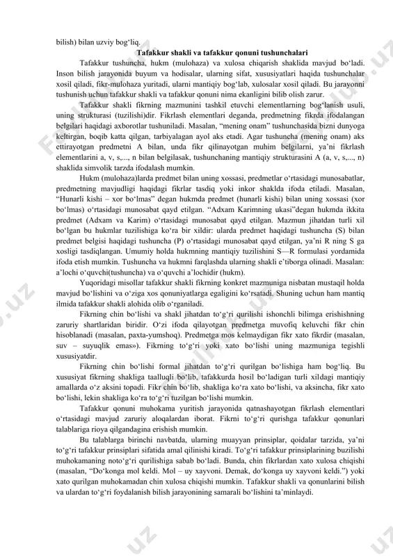 amida predmet va hodisalarning tashqi xususiyatlari va munosabatlari haqida ma’lumotlarni oladi. sezgi, idrok va tasavvur hissiy bilish shakllari xisoblanadi. hissiy bilishga xos bo‘lgan umumiy xususiyatlar quyidagilardan iborat: 1. hissiy bilishda ob’ekt (voqelik) sub’ektga (insonning sezgi organlariga) bevosita ta’sir etadi. 2. hissiy bilish shakllari: sezgi, idrok va tasavvur predmetning tashqi xususiyatlari va munosabatlarini aks ettiradi. 3. hissiy bilish shakli predmetning yaqqol obrazini xosil qiladi. 4. hissiy bilish xar bir konkret insonning sezish qobiliyati bilan bog‘liq tarzda o‘ziga xos xususiyatga ega bo‘ladi. 5. hissiy bilish bilishning dastlabki va zaruriy bosqichi hisoblanadi, usiz bilish mavjud bo‘la olmaydi. chunki, inson tashqi olam bilan sezgi organlari orqali bog‘langan bo‘lib, bilishning keyingi bosqichida sezgilari bergan ma’lumotlarga tayanadi. hissiy bilish imkoniyatlari chegaralangan bo‘lib, unda mavjud predmetlar o‘rtasidagi aloqadorlik o‘rganilmaydi, predmetlarning umumiy va yakka, muhim va nomuhim, zaruriy va tasodifiy xususiyatlari farq qilinmaydi, mohiyati aniqlanmaydi. hissiy bilish tafakkur (aqliy bilish) bilan uzviy bog‘liq. tafakkur shakli va tafakkur qonuni …