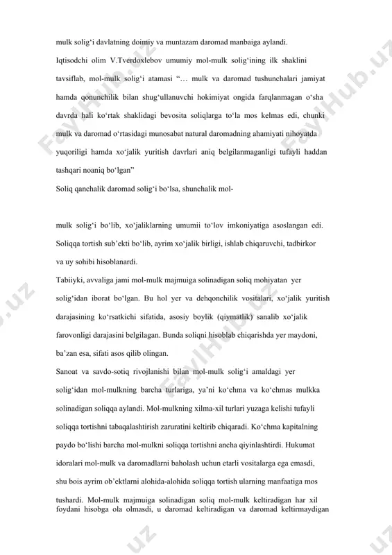hali ko‘rtak shaklidagi bevosita soliqlarga to‘la mos kelmas edi, chunki mulk va daromad o‘rtasidagi munosabat natural daromadning ahamiyati nihoyatda yuqoriligi hamda xo‘jalik yuritish davrlari aniq belgilanmaganligi tufayli haddan tashqari noaniq bo‘lgan” soliq qanchalik daromad solig‘i bo‘lsa, shunchalik mol- mulk solig‘i bo‘lib, xo‘jaliklarning umumii to‘lov imkoniyatiga asoslangan edi. soliqqa tortish sub’ekti bo‘lib, ayrim xo‘jalik birligi, ishlab chiqaruvchi, tadbirkor va uy sohibi hisoblanardi. tabiiyki, avvaliga jami mol-mulk majmuiga solinadigan soliq mohiyatan yer solig‘idan iborat bo‘lgan. bu hol yer va dehqonchilik vositalari, xo‘jalik yuritish darajasining ko‘rsatkichi sifatida, asosiy boylik (qiymatlik) sanalib xo‘jalik farovonligi darajasini belgilagan. bunda soliqni hisoblab chiqarishda yer maydoni, ba’zan esa, sifati asos qilib olingan. sanoat va savdo-sotiq rivojlanishi bilan mol-mulk solig‘i amaldagi yer solig‘idan mol-mulkning barcha turlariga, ya’ni ko‘chma va ko‘chmas mulkka solinadigan soliqqa aylandi. mol-mulkning xilma-xil turlari yuzaga kelishi tufayli soliqqa tortishni tabaqalashtirish zaruratini keltirib chiqaradi. ko‘chma kapitalning paydo bo‘lishi barcha mol-mulkni soliqqa tortishni ancha qiyinlashtirdi. hukumat idoralari mol-mulk …