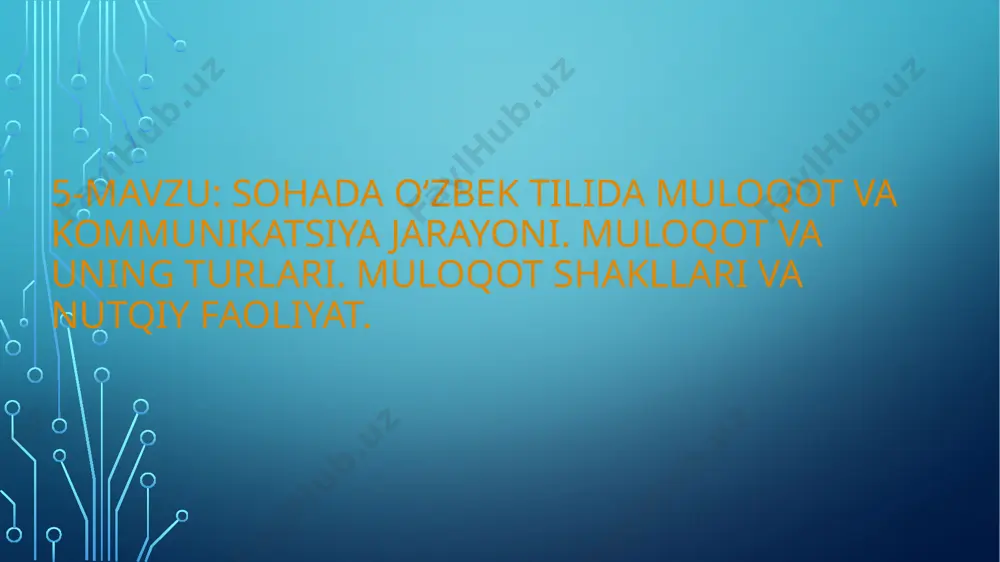 moiylashib, shaxsga aylanib boradi. kommunikatsiya «kommunikatsiya» soʻzi lotincha “communicare” soʻzidan kelib chiqqan boʻlib, xabar bermoq, qatnashmoq, boʻlishmoq, umumlashtirmoq degan ma’nolarni anglatadi. kommunikatsiya muayyan mamlakat yo madaniyat yoki bir tilda soʻzlashuvchilar guruhiga mansub odamlarning bir-birlari bilan va boshqa mamlakat yo madaniyat yoki bir tilda soʻzlashuvchilar guruhiga mansub odamlar bilan oʻzaro faoliyatlari va aloqa qilishlarida muhim oʻrin tutadi. «kommunikatsiya» atamasi fanga xx asrning boshida kirib kelgan. sotsiolog marshal maklyuen kammunikatsiyaning quyidagi davrlarini ajratgan: — og‘zaki kommunikatsiya (bu davrda jamoa doirasida kommunikativ muhit kommunikantlarni bevosita har tomonlama qamrab olgan); — yozma kommunikatsiya (yozilgan xabarlar vaqt va makon to‘siqlarini kesib o‘tgan); — nashr-kommunikatsiya (kommunikantlarni yalpi qamrab olishning oshishi, «gettenberg galaktikasi»ning yaratilishi, ya’ni bosma kitoblar chop etish texnologiyasining ixtiro qilinishi); — multimedia kommunikatsiyasi (bevosita muloqotga global miqyosda kirishish). piter litl muloqotga quyidagicha ta’rif beradi: «muloqot yakka shaxslar va tashkilotlar oʻrtasidagi ma’lumot beruvchi jarayon boʻlib, u tushunish javobini keltirib chiqaradi». nyuman va sammer juniorning ta’kidlashicha, «muloqot …