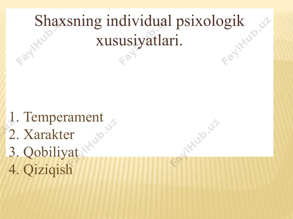 urishdir. 3. q’ora o’tning xususiyati-namlikdir, uning vazifasi badan namligini saqlab turishdir. 4. balg’amning xususiyati-sovuqlikdir, uning vazifasi badanni sovutib turishdan iboratdir. eramizdan oldin 5 asrda yashagan yunon tabibi gippokrat odamlar oʻrtasidagi tafovutlarni oʻrganib, ularni 4 toifaga ajratgan. xolerik sangvinik temperament flegmatik melanxoliк 9 10 xolerik xarakteristikasi xolerik - temperamentiga ega boʻlgan odamning hissiyotlari tez qoʻzgʻaladigan va uzoq muddat davom etadigan, harakati tez va keskin boʻladi. bundan tashqari xolerik temperamentidagi odam juda koʻp ishlaydigan, charchashni bilmaydigan, hamma narsalarga qiziqadigan, tinib-tinchimaydigan boʻladi. 11 xolerik muloqatga tez kirishadigan kuchli xarakatchan nerv sistemasi muvozanatlashgan o’zgaruvchan optimist(xayotga iishonch b-n qaraydigan) yangiliklarni tez ilg’aydi agressiv qo’zg’alish va to’rmo’zlanish tez almashadi 12 xolerik xolerik-kishining xarakatchanligini ifodalaydi. jahldor, qatʼiyatli, masʼuliyatli, harakatchan, ularning eʼtiborini jalb qilish mushkuldir. 13 образец текста второй уровень третий уровень четвертый уровень пятый уровень 14 xolerik toifasiga xos sifatlar 1) sabrsiz, hovliqma; 2) serjahl; 3) betoqat; 4) odamlar bilan munosabatda keskin va rostgoʻy; 5) qatʼiyatli va …