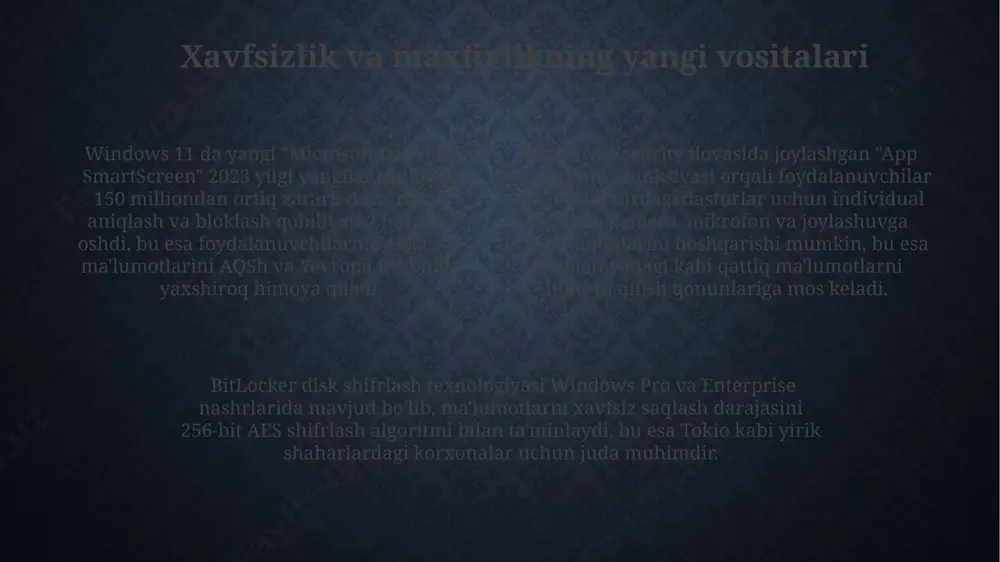qt rejimida yuqori sifatli tarkibni tomosha qilish imkonini beradi. directx 12 ultimate'ning qo'llanilishi tufayli, o'yinlar va video tahrirlash dasturlari grafikani 30% ga yaxshilash imkoniyatiga ega bo'lib, bu esa tokiodagi kabi yirik shaharlarda joylashgan kuchli kompyuterlar uchun ideal hisoblanadi. windows va mobil qurilmalar: sinxronizatsiya va boshqaruv windows 10 dan boshlab, "telefoningizni boshqarish" xususiyati orqali siz qo'shma shtatlarda ishlab chiqarilgan ba'zi smartfonlarni kompyuteringizdan boshqarish imkoniyatiga egasiz. microsoft hisob qaydnomangiz yordamida windows kompyuteringiz va mobil qurilmangiz o'rtasida 10 gb gacha bo'lgan fayllarni bulut orqali tezda sinxronlashtira olasiz, bu esa ma'lumotlarni yo'qotish xavfini kamaytiradi. windows 11’ning "your phone" ilovasi orqali android va ios qurilmalaringizdagi 3000 tagacha fotosurat va videolarni kompyuteringizga simsiz uzatishingiz va boshqarishingiz mumkin. windowsning korporativ muhitdagi qo'llanilishi active directory domen xizmatlari, 2000 dan ziyod foydalanuvchi hisobini boshqarish orqali samarqanddagi universitetda xavfsizlikni ta'minlashda muhim rol o'ynaydi. windows 10 enterprise versiyasi, 1000 dan ko'p ishchi stantsiyasida joylashgan, farg'ona viloyatining yirik korxonasida mahsuldorlikni oshirish uchun …