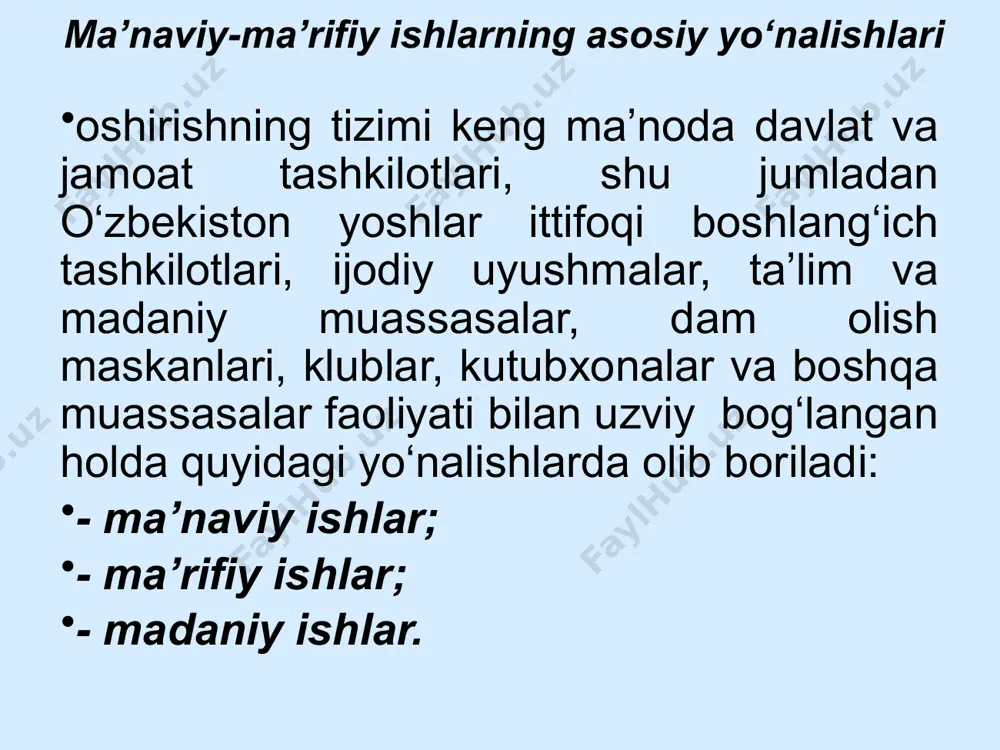 an bog‘liq harbiy qism va muassasalar, o‘quv markazlari (dala o‘quv maydonlari)da xizmat o‘tayotgan barcha harbiy xizmatchilar bilan bir haftada bir marotaba, har dushanba kuni 3 o‘quv soat davomiyligida (xizmatni o‘ziga hos hususiyatlaridan kelib chiqib xafta mobaynida bir soatdan bo‘lib o‘tkazish mumkin); ma’naviy-ma’rifiy tayyorgarlik mashg‘ulotlari: oliy harbiy ta’lim muassasalari professor va o‘qituvchilari tarkibi bilan har xafta juma kunlari, 2 o‘quv soat davomiyligida (15.00-16.35 ga qadar), shartnoma bo‘yicha harbiy xizmatni o‘tayotgan serjant va oddiy askarlar tarkibi bilan haftada ikki marotaba, dushanba va juma kunlari 2 o‘quv soati davomiyligida (15.30-17.05 ga qadar) o‘tkaziladi. ma’naviy-ma’rifiy tayyorgarlik mashg‘ulotlari: ma’naviyat soatlari – harbiy xizmatchilarga milliy va ma’naviy-axloqiy qadriyatlarimiz, xalqimiz tarixi, buyuk ajdodlarimiz merosi, milliy istiqlol g‘oyasi, mamlakatimizning iqtisodiy rivojlanishi, ichki va tashqi siyosati, qurolli kuchlar islohoti, vatanparvarlik tuyg‘usi harbiy xizmatchilar ongu tafakkuriga chuqur singdiriladigan tadbirlar majmuasidan iborat. ma’naviyat soatlari: - dushanba – yoshlar kuni; - seshanba – axloqiy-ruhiy tayyorgarlik kuni; - chorshanba – kitobxonlik kuni; - …