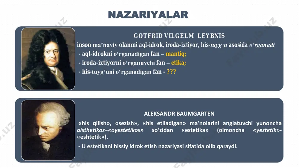 ililik. • go‗zallik – ma‘naviy va moddiy xususiyatga ega bo‗lgan, ijtimoiy hayotda favqulodda ahamiyat kasb etuvchi tushuncha bo‗lib, narsa- hodisalarning inson tafakkurida lazzatning uyg‗unlik, me‘yor, hamohanglik, mutanosiblik, maqsadga muvofiqlik asosida namoyon bo‗lishidir. go„zallik go„zallik go„zallik elementlari me’yor maqsadga muvofiqlik tartiblilik uyg‘unlik hamohanglik moslik yaxlitlik birlik mutanosiblik tenglik go„zaliik sifatlari tug‘yoniylik maftunkorlik foydalilik mo‘jizaviylik go„zallik go„zallik xususiyatlari qulaylik manfaatdorlik yoqimlilik chiroylilik namoyon bo`lishi tabiatning go‘zalligi ma’naviy qadriyatlarning go‘zalligi moddiy qadriyatlarning go‘zalligi insonning go‘zalligi ulug„vorlik ingliz nafosatshunosi e.byork go‘zallikni ulug‘vorlik bilan qiyoslaydi va ularni bir-biriga qarama-qarshi tushunchalar sifatida tadqiq etadi. olmon faylasufi i.kant esa go‘zallik va ulug‘vorlikni uyg‘unlikda rivojlanuvchi tushunchalar deb hisoblaydi. ulardan farqli o‘laroq, faylasuf gegel ulug‘vorlikni go‘zallikning bir ko‘rinishi bo‘lib, ulug‘vorlik - zohiriy go‘zallikning botiniy go‘zallikka aylanishidir, deb tushuntiradi. mazkur fikrlardan ulug‘vorlik - insonning narsa hodislarga estetik va axloqiy mezonlar bilan yondashishi va ulardan yuksak hayratlanish tuyg‘usini hosil qiluvchi estetik hissiyot majmui, degan fikr kelib chiqadi. tubanlik tubanlik - insonda …