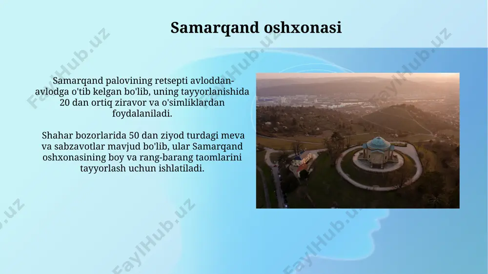 ko'rsatib, ularning 30 foizi unesconing nomoddiy madaniy meros ro'yxatiga kiritilgan hunarlarni rivojlantiradi. samarqand hunarmandchiligining 500 dan ortiq yillik tarixi bor, unda 20 dan ziyod an'anaviy hunarlar, jumladan, kulolchilik, zargarlik va miniatyura san'ati mavjud. samarqandning qadimgi tarixi samarqandda topilgan arxeologik topilmalar, jumladan, miloddan avvalgi bir necha asrlarga oid seramika va me'moriy qoldiqlar, shaharning uzoq va boy tarixini tasdiqlaydi. shaharning qadimgi tarixi, miloddan avvalgi iv asrda aleksandr makedonskiy tomonidan bosib olinganidan keyin ham davom etib, uning strategik ahamiyati tufayli ko'plab imperiyalar uchun muhim markaz bo'lib qoldi. bibi-xonum masjidi masjiddagi peshtoqning balandligi taxminan 40 metr bo'lib, murakkab geometrik naqshlar bilan bezatilgan bo'lib, o'z davrining me'morchiligi va naqqoshlik san'atining yuksak namunasi hisoblanadi. bibi-xonum masjidi majmuasi uchta yirik ayvon, hovli va bir nechta yordamchi binolardan iborat bo'lib, umumiy maydoni bir necha gektarni egallaydi. e'tiboringiz uchun rahmat @taqdimot_robot image2.jpg image3.jpg image4.jpg image5.jpg image6.jpg image7.jpg image8.jpg image9.jpg image10.jpg image11.jpg image12.jpg image13.jpg image14.jpg image1.png