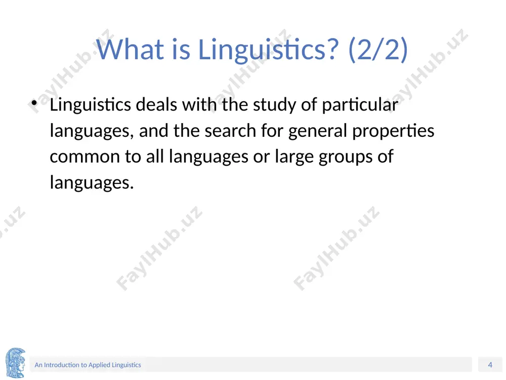 language examinations? ‹#› an introduction to applied linguistics a sample of questions applied linguistics addresses (2/2) how can we determine the literacy levels of a population? what advice can we give the ministry of education on proposals to introduce a new teaching method? what advice can we give a defence lawyer on the authenticity of a police transcript of an interview with a suspect? ‹#› an introduction to applied linguistics what is the relationship between al and other language related disciplines? (1/2) applied linguistics occupies an intermediary, mediating position between language related disciplines (linguistics, psycholinguistics and sociolinguistics) and professional practice it uses theories/principles from language related disciplines in order to understand language related issues and to solve language related problems. the choice of which disciplines are involved in applied linguistics matters depends on the circumstances. ‹#› an introduction to applied linguistics what is the relationship between al and other language …