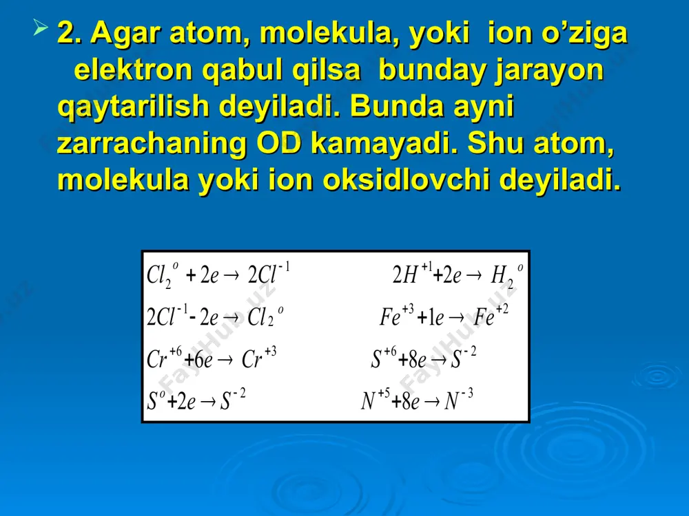 di [о]+2н ++2 e  н2о mno4-+8h++5e mn2+ + 4h2o 2) neytral va ishqoriy sharoitda oksidlovchi tarkibidagi ortiqcha kislorod suv molekulasi bilan bog’lanib gidroksid ionini hosil qiladi va qaytariladi: [o] +h2o +2e  2oh- mno4-+2h2o+3e  mno2+4oh- 3) kislotali va neytral sharoitda qaytaruvchi tarkibidagi yetishmayotgan kislorodni suvdan olib vodorod ionini hosil qiladi: h2o - 2e  [o ] +2h+ so3 2- + h2o -2e  so42- + 2h+ 4) kuchli ishqoriy muhitda qaytaruvchi yetishmayotgan kislorodni gidroksid ionidan olib oksidlanadi va suv hosil qiladi: 2oh - -2e  [o] + h2o so32-+2oh- - 2e  so42-+h2o j- + 6oh- -6e  jo3 - + 3h2o 1-misol. kno2+kmno4+h2so4=mnso4+kno3+k2so4+2h2o no2-+mno4-+h+  no3-+ mn2++ ….. no2-+h2o-2eno3- +2h+ 5 mno4-+8h++5emn2++4h2o 2 5no2-+ 2mno4-+ 6h+ = 5no2- +2mn2+ + 3h2o 5k+ + 2k++ 3so4 2- = 5k+ + 2so42-+ 2k+ + so42- 5kno2+2kmno4+3h2so4=5kno3+2mnso4+k2so4+3h2o 2-misol. 2kmno4+3na2so3+h2o=3na2so4+2mno2+2koh mno4-+ so32-+h2o→mno2+ so42-+…… mno4-+2h2o+3emno2+4oh- 2 so32-+h2o -2e so42-+2h+ 3 2mno4-+3so32-+h2o=2mno2+so42-+2oh- 2kmno4+3na2so3+h2o=3na2so4+2mno2+2koh …