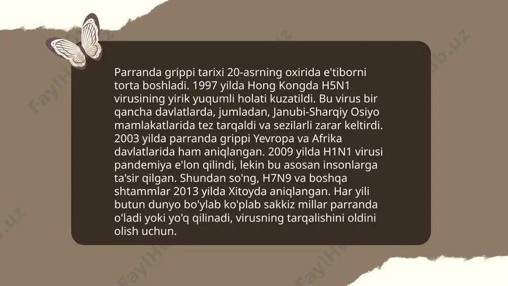 uqori bo'ladi. cho'chqa grippi insondan insonga havo orqali, yo'talish yoki aksirish paytida yuqadigan tomchilar orqali yuqadi. belgilar odatda virusga duch kelganidan keyin 1-3 kun ichida paydo bo'lishi mumkin. kasallik alomatlari 3-7 kun davom etadi, lekin ba'zi holatlarda uzoqroq davom etishi mumkin. ... t.me/slaydai_bot gripp va boshqa yuqumli kasalliklarga qarshi parranda boqishda gigiyena qoidalariga rioya qilish muhimdir. parrandani toza va quruq joyda saqlang, suv va yemni doimiy almashtirishni unutmang. veterinariya tekshiruvlaridan o'tish va emlash rejasiga rioya qilish zarur. gripp tarqalishining oldini olish uchun yangi parrandalarni karantinga oling va kasal parrandalarni alohida saqlang. parrandachilik xo'jaliklarida dezinfektsiya va sanitariya tadbirlarini tashkil etib, virus kirib kelishini kamaytirish mumkin. harorat va namlikni doimiy nazorat qiling, optimal sharoit yaratib parrandalar immunitetini oshirishga yordam bering. ... t.me/slaydai_bot grippga qarshi vaksinalar har yili ishlab chiqiladi, chunki gripp virusi mutatsiyaga uchrashi mumkin. vaksinalar a va b turdagi gripp viruslarining bir nechta shtammlariga qarshi himoya qiladi. 2023-yilgi gripp vaksinalari tarkibida …