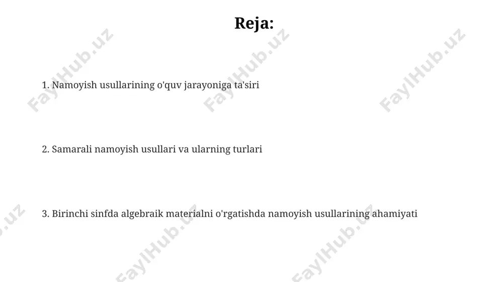 rish va mustaqil bajarish bo'lib, bu jarayonni 2-3 marta takrorlash samaradorligini oshiradi. o'quvchilarning 80% dan ortig'i namoyish usullaridan foydalanganda algebraik masalalarni yechishda muvaffaqiyat qozongan bo'lsa, qolgan 20% ga individual yordam kerak bo'ladi, bu esa differensial ta'limga ehtiyojni ko'rsatadi. muvaffaqiyatli amaliyot misollari rangli bloklar yoki boshqa manipulyativ materiallardan foydalanib, tenglamalarni (masalan, 3 + 2 = 5) amaliy ko'rsatish, abstrakt tushunchalarni vizualizatsiya qilishga yordam beradi va 7-8 yoshli bolalar uchun tushunarli bo'ladi. birinchi sinf o'quvchilariga algebraik materiallarni o'rgatishda, 2 dan 5 gacha bo'lgan sonlar yordamida qo'shish va ayirish amallarini namoyish qilish orqali aniq tushunchalarni shakllantirish muhimdir. o'quvchilarga 4 ta olma va 3 ta olma qo'shishni ko'rsatish orqali, konkret misollar orqali umumlashtirishlarni yaratish va algebraik fikrlashning boshlang'ich poydevorini qo'yish mumkin. namoyish usullarining afzalliklari namoyish usullari 1-sinf oʻquvchilarining 20% ga yaqinini algebraik tushunchalarni yaxshiroq oʻzlashtirishlariga yordam beradi, chunki ular koʻrgazmali vositalar orqali 3 oʻlchovli tasavvur hosil qiladilar. abstrakt algebraik tushunchalarni 5 yoshli bolalarga tushunarli …