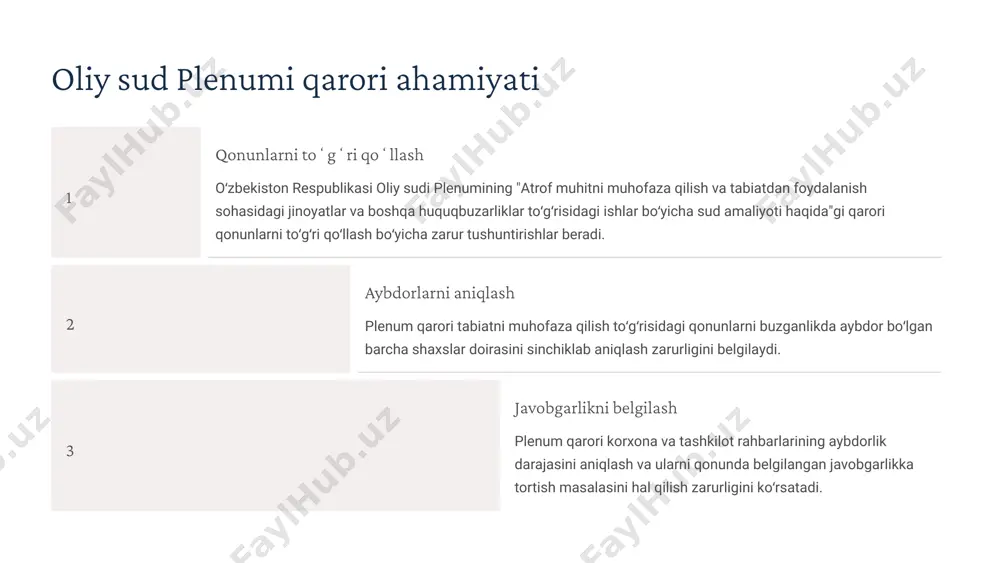 kilotning hisobiga oʻtkazishni koʻrsatishi zarur. 3 qiymatini undirish qonunga xilof ravishda qoʻlga kiritilgan mahsulotni olib qoʻyish imkoniyati boʻlmasa, sud mahkumdan uning belgilangan narxlarda hisoblangan qiymatini undirish toʻgʻrisidagi masalani hal qilishi lozim. 10 jinoyat qurollarini musodara qilish ov qurollari hayvonot yoki oʻsimlik dunyosidan foydalanish tartibini buzish haqidagi jinoyat ishlari boʻyicha sudlanuvchiga tegishli jinoyat qurollari, shu jumladan, ov qurollari, qopqonlar va boshqa vositalar musodara qilinishi lozim. transport vositalari avtomashina, mototsikl va qayiqlar, agar jinoiy harakat ular yordamida amalga oshirilsa yoki sodir etilishi osonlashtirilsa, oʻzbekiston respublikasi jinoyat-protsessual kodeksining 211-moddasiga muvofiq musodara qilinishi lozim. baliq ovlash vositalari gʻayriqonuniy baliq ovlash uchun ishlatiladigan toʻrlar, qarmoklar va boshqa vositalar ham jinoyat qurollari sifatida musodara qilinadi. maʼmuriy huquqbuzarlik harakatini sodir etish quroli va ashyolarini musodara qilish masalasi maʼmuriy huquqbuzarlik toʻgʻrisidagi kodeksning tegishli moddalariga muvofiq hal qilinishi kerak. 11 jazo tayinlash va oldini olish choralari sudlar tabiatni muhofaza qilish toʻgʻrisidagi qonunlarni buzish bilan bogʻliq jinoyatlarni sodir etgan shaxslarga …