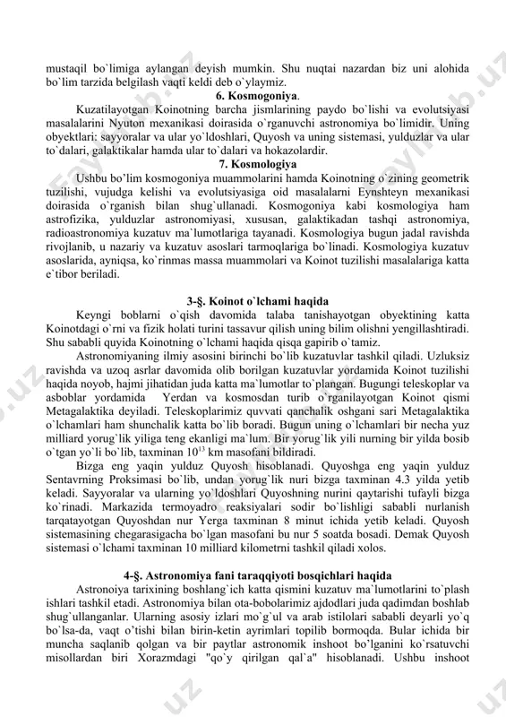lash masalalari bilan shug`ullanadi. nazariy astrofizika esa, koinot jismlarida kuzatilayotgan fizik jarayonlarining tabiati va sabablarini tushintirib berib, obyekt modelini tuzadi hamda uning evolutsiya qonuniyatlarini axtaradi. bugungi kunda astrofizikaning tadqiqot obyektlari va qo`llanadigan usullari turlicha bo`lgani tufayli u o`z navbatida qator ilmiy yo`nalishlaridan tashkil topgan: quyosh fizikasi; sayyoralar fizikasi; kichik jismlar fizikasi; o`zgaruvchan yulduzlar fizikasi; yulduzlar evolutsiyasi va fizikasi; galaktika astrofizikasi; yulduzlararo muhit fizikasi; plazma astrofizikasi; relativistik astrofizikasi; gamma nurlar astrofizikasi; rentgen astronomiyasi; ultrabinafshaastronomiya; infraqizil astrofizika; astrofotometriya; astrospektroskopiya; galaktikalar fizikasi va boshqalar. 4. yulduzlar (yoki galaktika) astronomiyasi. galaktikamizdagi yulduzlar, gaz-chang bulutlari hamda yulduz to`dalarining harakatlari, ularning fazoviy va fizik xarakteristikalari bo`yicha statistik taqsimoti, evolutsiyasi, beqarorligi kabi masalalar bilan yulduzlar astronomiyasi bo`limi shug`ullanadi. bu bo`lim mustaqil ravishda shakllangan davrda hali bizning galaktikamiz tuzilishi va evolutsiyasiga oid jiddiy natijalar qo`lga kiritilmagan, yechilmagan savollar esa juda ko`p edi. ushbu savollarga javob axtarish maqsadida bu bo`lim mutaxassislari qo`shni galaktikalarni tadqiq qilganlar. natijada galaktikadan tashqi astronomiya …