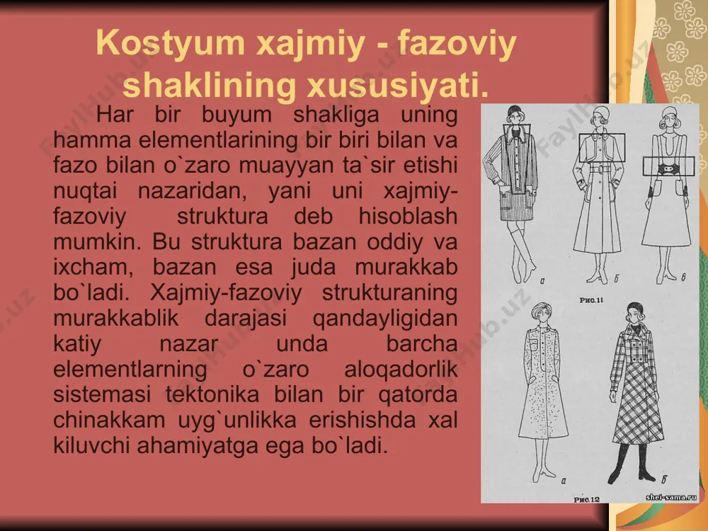 o`lchamli bo`lsa, tekislik xarakterda kiyim shakli uch o`lchamli bo`lsa, хajm xarakterida bo`ladi. buyumning хajmdorlik darajasini tanlash kostyumining ko`rinishi va nimaga mo`ljallanganligi bilan belgilanadi. chiziqli xarakterdagi shakl bashang kiyimlar uchun tavsiya etilsa, tekislik xarakterdagi har qanday ishga mo`ljallangan kostyum uchun va hamma turdagi gavdalar uchun хajm xarakteridagi shakl esa asosan bo`yicha, ozg`in gavdalilarga mo`ljallangan bashang kiyim uchun mo`ljallangan. asosiy chiziq guruppalari kiyimda quyidagi asosiy chiziq guruppalari bo`ladi. siluet chiziqlari - shaklning tashki konstruktsiyasi chegaralovchi chiziqlar.konstruktiv chiziqlar - kiyim shaklini hosil kilishdagina q atnashadigan chiziqlar: yelka choklari, yon choklar, vitochkalar, yeng o`tkazish choklari va hokazo. konstruktiv - deqorativ chiziqlar ham shakl hosil kiluvchi, ham deqorativ vazifalarni bajaruvchi chiziqlar: burtmalar, koqetlarni ulash choklari, kirkmalar, mayda taхlamalar, taхlamalar, burtma burmalar, drapirovkalar, burtmalar va hokazo. deqorativ chiziqlar - deqorativ vazivfalargina bajaruvchi chiziqlar: quyma burmalar, ikki tomonlama quyma burmalar, tasmalar, to`rlar, bezak detallar, furnitura, kashtalar, bantlar va hokazo. materialning rangi, rasmi va fakturasi - fonini zich …
