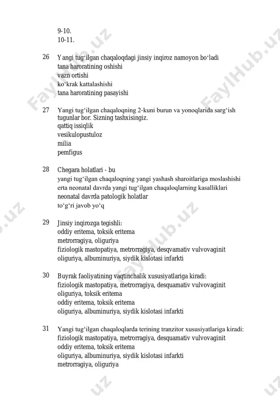 ni toʻxtatish 49 mekonium boʻlmaganda havo yoʻllarining tozalash boʻyicha qaysi biri toʻgʻri? barcha ortiqcha suyuqlikni olib tashlash uchun chuqur va kuchli soʻriladi avval ogʻizdan, keyin burundan tozalash mexanik soʻrgʻichga biriktirilgan kateterdan foydalaning salbiy bosim koʻrsatkichi taxminan 200 mmhg boʻlishi kerak 50 vaziyatni baholash va taktil stimulyatsiyadan soʻng, yangi tugʻilgan chaqaloqning yurak tezligi daqiqada 100 zarbadan past boʻlib qoladi. keyingi eng kerakli aralashuvni hisobga olish kerak yana issiqlik yoʻqotilishining oldini olish qoʻshimcha taktil stimulyatsiyani oʻtkazish kislorodning erkin oqimining maqsadi musbat bosimli ventilyatsiya 51 adekvat musbat bosimli ventilyatsiyaning yaxshi belgisi: bosim oʻlchagich ignasi bilan 30 sm suv ustunining belgisidan oshib ketishi auskultatsiya maʼlumotlari koʻrinadigan koʻkrak harakatlari teri rangining yaxshilanishi 52 quyidagilardan qaysi biri yuz niqobi uchun notugri xisoblanadi? anatomik shakl iyak, ogʻiz va burunni qoplash uchun yetarlicha oʻlcham yumshoq qirralar iyak, ogʻiz va burunni qoplash uchun germetik joylashtirish shart yemas 53 musbat bosim ostida oʻpka ventilyasiyasining boshlangich chastotasi daqiqada _......... marta 20-30 …
