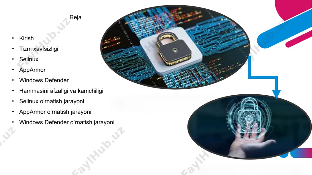 defender samaradorligi foizlarda bunda sizga tushunarli ravshda ma’lumotlar ko’rsatilgan добавить нижний колонтитул 8 selinux apparmor windows defender 8 selinuxni o’rnatish jarayoni 9 9 10 apparmor o’rtanish jarayoni 11 windows defender o’rtanish jarayoni 12 foydalanilgan adabiyotlar chatgpt suniy intelekti google platformasi youtube platformasi etiboringiz uchun rahmat murojat uchun telefon: +998 88 629 10-09 elektron pochta azamatjonmansurov2003@gmail.com 13 image2.jfif image3.jfif image4.jfif image5.png image6.jpg image7.jfif image8.png image9.png image10.png media1.mp4 image11.png media2.mp4 image12.png media3.mp4 image13.png image14.jpg