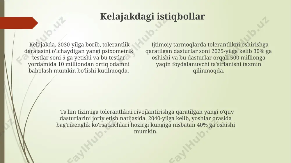 shaxsiy tajriba orqali o'zgarishning 30%i atrof-muhit ta'siriga, 70%i esa ichki motivatsiyaga bog'liq ekanligini ko'rsatuvchi tadqiqotlar mavjud. bu esa o'zgarishga erishish uchun o'z ustida ishlashning muhimligini ta'kidlaydi. o'zgarish jarayonida inson o'rtacha 5-7 ta bosqichdan o'tadi, har bir bosqichda turli xil qiyinchiliklar va his-tuyg'ularga duch keladi. bu bosqichlarni tushunish o'zgarishga moslashishni osonlashtiradi. "kognitiv dissonans" nazariyasi shuni ko'rsatadiki, yangi qarashlar avvalgi qarashlar bilan zid kelganda, inson ichki muvozanatni tiklash uchun o'z qarashlarini o'zgartiradi yoki o'zgarishga qarshilik ko'rsatadi. bu esa 20% dan ortiq hollarda muvaffaqiyatsizlikka olib kelishi mumkin. ommaviy axborot vositalarining ta'siri televizion dasturlar va internet platformalaridagi 20% ga yaqin kontent, qarashlarning qutblanishini kuchaytirib, tolerantlikka salbiy ta'sir ko'rsatishi mumkin. axborotning tarqalish tezligi va ommaviy axborot vositalarining keng qamrovligi, tolerantlikka oid muhokamalarni intensivlashtirib, 50% ga yaqin aholi fikrini o'zgartirish imkoniyatini beradi. ommaviy axborot vositalarining 70% dan ortig'i ijtimoiy me'yorlarni shakllantirishda muhim rol o'ynaydi, bu esa tolerantlik darajasiga bevosita ta'sir qiladi. e'tiboringiz uchun rahmat @taqdimot_robot