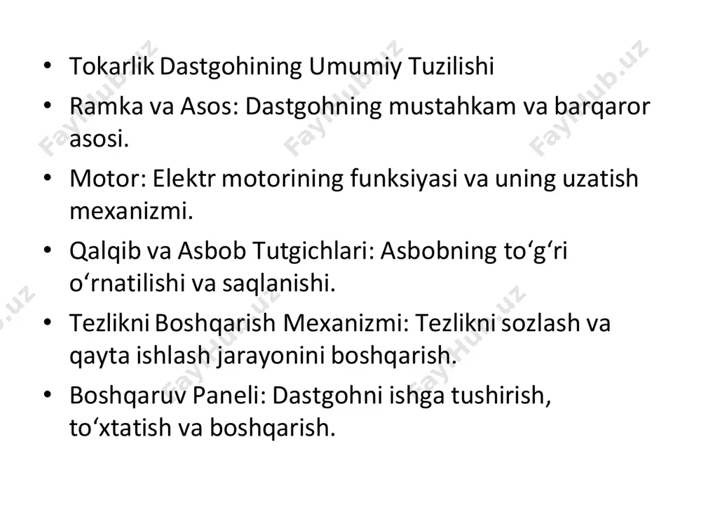 hi va ishlash prinsipi yuqori aniqlik va samaradorlikni ta'minlash uchun maxsus ishlab chiqilgan. ular sanoat va ishlab chiqarish jarayonlarida keng qo‘llaniladi • foydalanilgan adabiyotlar • "dastgohlar va ularning ishlash tamoyillari", n. sh. mustafayev, 2019. ushbu kitobda dastgohlarning umumiy tuzilishi, boshqaruv tizimlari va texnologik jarayonlarning xususiyatlari batafsil bayon etilgan. • "avtomatlashgan ishlab chiqarish tizimlari", m. m. sirojiddinov, 2020. avtomatizatsiya va boshqaruv tizimlari haqida ma'lumotlar, shuningdek, tokarlik dastgohlarining elektron boshqaruvi haqida batafsil tushuntirishlar keltirilgan. • "ma'lumotlar va boshqaruv tizimlari", s. v. yermolov, 2018. elektron boshqaruv tizimlari, o‘zgaruvchan va doimiy tok tizimlari bo‘yicha ta'lim beruvchi manba. • "avtomatik boshqaruv tizimlari", a. d. pavlov, 2021. dastgohlar va ishlab chiqarish jarayonlarini boshqarish, kuzatish va avtomatlashtirishga oid metodlar va sxemalar. • "mashinani sozlash va texnik xizmat ko‘rsatish", f. g. azizov, 2017. tokarlik dastgohlaridagi texnik xizmatlar, sozlash jarayonlari va boshqaruv tizimlari haqida ma'lumotlar. • "dastgohlar uchun boshqaruv tizimlari va qurilmalar", o. a. volkov, 2022. tokarlik vint qirquvchi …