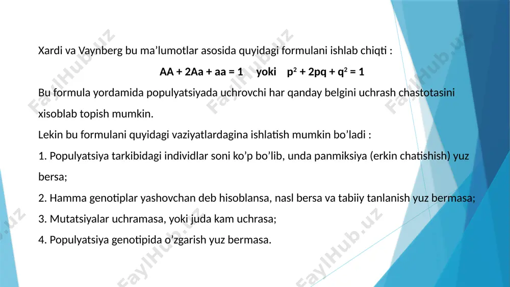 organizmlar soni 100 % -------- 1800 ta 36 % ----------- x x = 648 ta javob: d 3. tulkilar populatsiyasida 1000 ta sariq tulkiga 10 ta oq tulki to`g`ri keladi. yuqoridagi malumotdan foydalanib, ushbu populatsiyada sariq gomozigotali (a), sariq geterozigotali (b), va oq tulkilar (c) necha foizdan uchrashini aniqlang a) a- 80; b – 18; c – 2 b) a- 60; b – 25; c – 15 c) a- 81; b – 18; c – 1 d) a- 91; b – 8,9; c – 0,1 yechimi xardi – vayenberg formulasidan foydalanamiz p2 + 2pq + q2 = 1 bu yerda p – dominant gen chastotasi, q – retsessiv gen chastotasi sariq tulki dominant, oq tulki esa retsessiv genga ega dastlab oq tulkilarni topib olamiz q2 = 10 / 1000 = 0,01, bundan q = 0,1 keyin p ni topamiz p + q = 1 bo`lgani uchun 1 – 0,1 = …