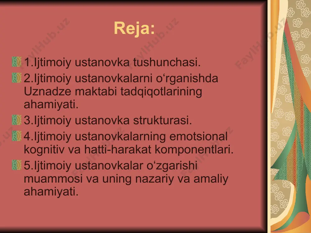 iy ustanovka obyektini anglash bilan bog‘liq jihatlar; affektiv komponent – bu obyektga nisbatan hissiy munosabatlar, uni emotsional baholash, yoqtirish-yoqtirmaslik bilan bog‘liq subyektiv holatlar; xulq-atvor komponenti (yoki konativ) – obyektga nisbatan real xatti-harakatni tushuntiruvchi jihatlar. birinchi jabha – bevosita oilaviy sharoit bo‘lib, unda insonning asosiy oddiy ehtiyojlari ilk yoshlikdan qondiriladi. ikkinchi jabha – bevosita muloqot amalga oshiriladigan kontakt, kichik guruhlar bo‘lib, individ bu muhitda o‘zini namoyon etadi. uchinchi jabha individ hayot-faoliyatini amalga oshiradigan kengroq ijtimoiy borliq bo‘lib, unda u mehnat qiladi, dam oladi, maishiy muammolarini hal qiladi. to‘rtinchi jabha shaxsni bevosita o‘rab turgan milliy-madaniy borliq, undagi mafkuraviy i madaniy qadriyatlarning o‘zlashtirilishi tufayli namoyon bo‘ladigan xatti-harakat aktlarini qamrab oladi. bu konkret geografik hudud, vatan, yurti va undagi qadriyatlardir. demak, yuqorida ajratilgan har bir jabhada inson o‘ziga yarasha alohida ehtiyojlarini qondiradi va u mos ravishda muayyan ish-harakatlarga tayyor bo‘ladi. yadov yuqoridagi jabhalarga mos keladigan konkret vaziyatlarni va ularning individga ta’sir ko‘rsatish darajalarini ham …