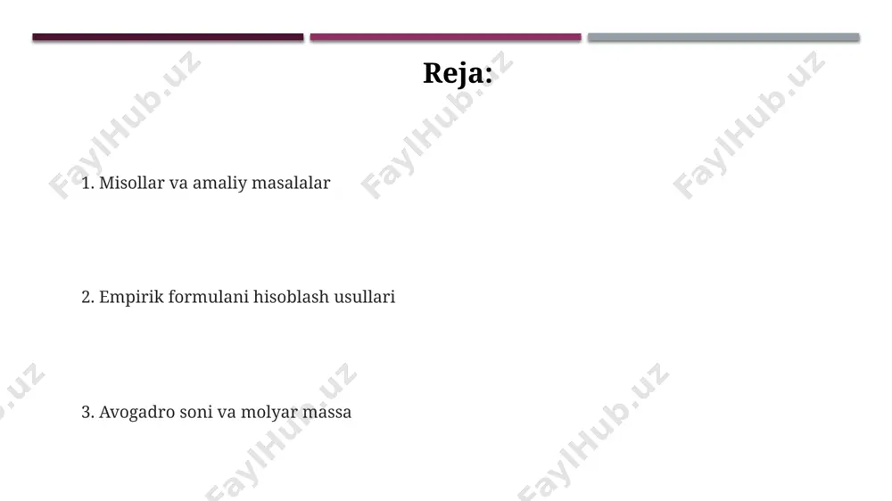 ida o'tkazilgan tajribada, 2,4 gramm magniy (mg) va 1,6 gramm kislorod (o) dan tashkil topgan birikmaning empirik formulasini aniqlash uchun atom massalari hisobga olindi. eng kichik butun sonlar nisbatini topish 10 gramm natriy va 8 gramm kislorod birikmasida, nisbatni soddalashtirib, natriy va kislorod atomlarining eng kichik butun sonlar nisbatini 2:1 deb aniqlash mumkin; bu samarkand universitetida o'qitilgan usulga mos keladi. kimyoviy formulani aniqlashda, masalan, suv (h₂o) uchun vodorod va kislorod atomlarining sonlar nisbati 2:1 deb topilsa, eng kichik butun sonlar nisbati shu hisoblanadi. toshkentdagi laboratoriyalarda bunday hisob-kitoblar muntazam amalga oshiriladi. eng kichik butun sonlar nisbatini topish uchun avvalo elementlarning molyar massalarini aniqlash kerak, masalan, 12 gramm uglerod va 32 gramm kislorod uchun nisbat 1:2 bo'ladi. xulosa masalan, 10 gramm namuna tarkibida 5 gramm uglerod va 5 gramm kislorod bo‘lsa, ularning molyar massalaridan foydalanib, empirik formulani ko‘plab osiyo mamlakatlaridagi universitet talabalari hisoblay oladilar. avogadro soni (6.022 x 10²³) yordamida moddaning empirik …