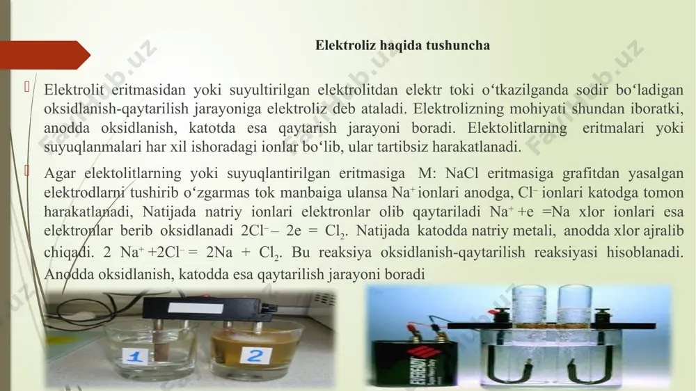 sa (f –, cl–, br–, j–, s-2, cn–) anodga elektronlarini berib, erkin holda ajralib chiqadi. cl – e →cl; 2cl → cl2 аgar аnionlar kislorodli boʻlsa, suvning он– ionlari oʻz elektronlarini ularga qaraganda osonroq beradi: oh– → oh; 4oh = 2h2o +o2 shuning uchun katod oldida kislorod ajralib chiqadi. elektrolizda anodning qanday materialdan yasalganligi ham ahamiyatlidir elektrolizda anodning qanday materialdan yasalganligi ham ahamiyatlidir. elektrodlar koʻpincha koʻmir grafit, kabi inert moddalardan va passiv metallardan – platina, oltindan yasaladi. agar elektrolit mis nikel kabi metallardan iborat boʻlsa anodning oʻzi oksidlanadi, аnod аtomlari ionga aylanib eritmaga oʻtadi, eritmadan katodga borib neytrallanadi. elektroliz jarayonida ionlarning neytrallanishi elektrolizning birinchi reaksiyasi deyiladi. ba’zi elektrolitlar elektrolizda neytrallanib-oksidlanib, qaytarilib chiqqan moddalar oʻzaro yoki suv bilan reaksiyaga kirishadi. маsalan, mis хlorid eritmasi оrqali elektr toki yuborilganida eritmadagi mis va xlor ionlari tegishli elektrodlarga tomon yoʻnaladi va bunda quyidagi jarayon boradi: katodda cu+2+2e=cu0; аnodda 2cl–-2e=cl02. elektr potensiali -0,41 v dan …