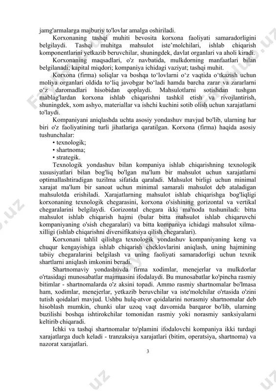iga muvofiq korxona - bu davlat ehtiyojlarini qondirish va foyda olish maqsadida qonun hujjatlarida belgilangan tartibda mahsulot ishlab chiqarish va xizmatlar ko‘rsatish maqsadida tashkil etilgan mustaqil xo‘jalik yurituvchi subyektdir. korxonaning maqsadlarini belgilash huquqi uning maqomidan qat'iy nazar, mulkdorda - jismoniy shaxsda, davlat organlarida, aktsiyadorlarda qoladi. egasi o'z manfaatlari, maqsadlari, ustuvorliklaridan kelib chiqib, nafaqat huquqqa ega, balki kompaniya xodimlari oldiga vazifalarni shakllantirishga va belgilashga majburdir - aks holda uning o'rniga boshqa birov o'z manfaatlarini ko'zlab bajaradi. korxonaning eng muhim vazifalari 1.1- rasmda ko'rsatilgan. 1.1-rasm. korxonalarning eng muhim vazifalari. shunday qilib, barcha hollarda korxonaning eng muhim vazifasi ishlab chiqarilgan mahsulotni (bajarilgan ish, ko'rsatilgan xizmatlar) iste'molchilarga sotish orqali daromad olishdir. olingan daromadlar asosida mulkdorlar va ishchi kuchining ijtimoiy-iqtisodiy ehtiyojlari qondiriladi, byudjet va byudjetdan tashqari jamg'armalarga majburiy to'lovlar amalga oshiriladi. korxonaning tashqi muhiti bevosita korxona faoliyati samaradorligini belgilaydi. tashqi muhitga mahsulot iste’molchilari, ishlab chiqarish komponentlarini yetkazib beruvchilar, shuningdek, davlat organlari va aholi kiradi. korxonaning …