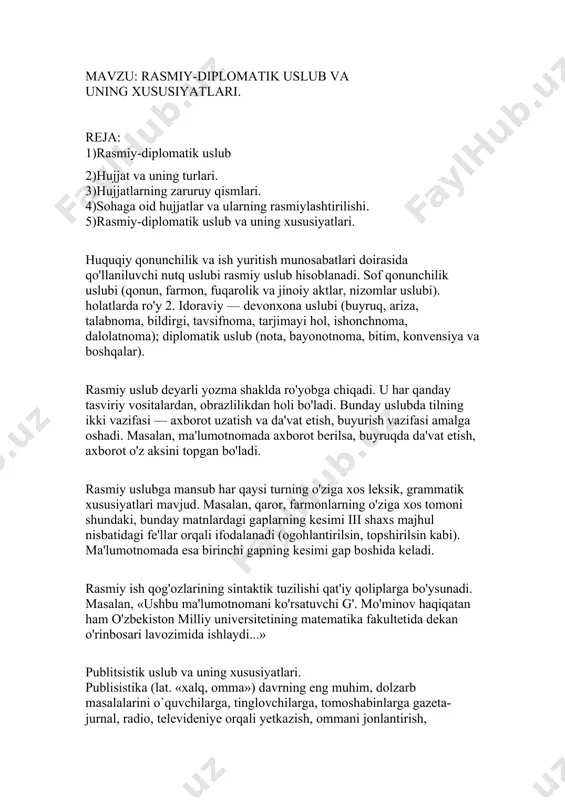 gazeta-jurnal, radio, televideniye orqali yetkazish, ommani jonlantirish, kishilarning ongiga atrofda sodir bo`layotgan voqealarni singdirish, ularning ijtimoiy qarashlarini shakllantirish uchun xizmat qiladi. ommaviy axborot vositalarida (gazeta-jurnal, radio, televideniye), oliy majlis yig`inlarida, turli xil anjumanlarda qo`llaniladigan nutq uslubi publitsistik uslub sanaladi. publitsistik uslub ikki xil shaklda namoyon bo`ladi: 1) yozma shakl; og`zaki shakl; ijtimoiy-siyosiy masalalarga bag`ishlangan bosh maqolalar, felyeton va pamfletlar, murojaatnomalar, chaqiriqlar, deklaratsiyalar publitsistik uslubning yozma shakliga mansubdir. radio va televideniyeda chiqayotgan siyosiy sharhlovchilar, notiqlarning nutqlari esa publitsistik uslubning og`zaki shaklidir. publitsistik uslubning o`ziga xos xususiyati shundaki, u muayyan ijtimoiy masalalarga faol munosabatda bo`lish, hozirjavoblik, ta’sirchanlik belgilariga ega. bunday nutq uslubida ijtimoiy-siyosiy tushunchalarni ifodalovchi so`zlar ko`proq qo`llaniladi. m., isyon, irqchilik, qo`poruvchilar, siyosiy tanglik, bitim va boshqalar. publitsistik uslub - matbuot, radio, teleko`rsatuvga xos bo`lgan tildir. bu uslub rasmiy va dolzarb xabarlar, axborotlar, e’lonlar, reportaj, bosh maqolalardan iborat bo`ladi. ularda fikr kichik hajmdagi ommabop jumlalar orqali ifodalanadi. zarur o`rinda asoslar keltiriladi. shuning …