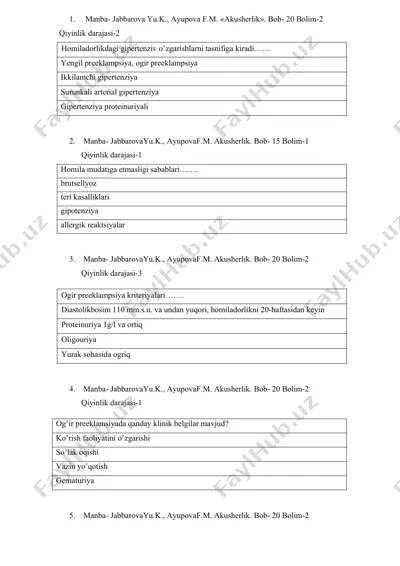 akusherlik boblari bo‘yicha test va mashq savollari — DOCX