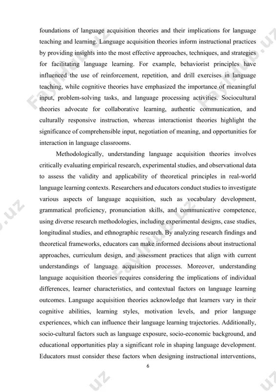 ding language acquisition theories involves critically evaluating empirical research, experimental studies, and observational data to assess the validity and applicability of theoretical principles in real-world language learning contexts. researchers and educators conduct studies to investigate various aspects of language acquisition, such as vocabulary development, grammatical proficiency, pronunciation skills, and communicative competence, using diverse research methodologies, including experimental designs, case studies, longitudinal studies, and ethnographic research. by analyzing research findings and theoretical frameworks, educators can make informed decisions about instructional approaches, curriculum design, and assessment practices that align with current understandings of language acquisition processes. moreover, understanding language acquisition theories requires considering the implications of individual differences, learner characteristics, and contextual factors on language learning outcomes. language acquisition theories acknowledge that learners vary in their cognitive abilities, learning styles, motivation levels, and prior language experiences, which can influence their language learning trajectories. additionally, socio-cultural factors such as language exposure, socio-economic background, …