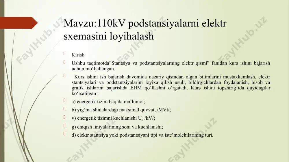 0 % yuklama bilan ishlashi koʻzda tutiladi. a) ikki hil quvvatli trasformatorlar olish koʻzda tutiladi. i – variant:6.3 mv·a 10 mv·a; uning oʻta yuklanishi, 𝐾_3=〖σ𝑆〗_𝑚𝑎𝑥/(2∙𝑆_𝑛𝑜𝑚𝑡 )=5,948/(6,3_2)=0,472 i – variant: 4,0 mv·a uning oʻta yuklanishi, 𝐾_3=〖σ𝑆〗_𝑚𝑎𝑥/(2∙𝑆_𝑛𝑜𝑚𝑡 )=5,948/(2∗4)=0,297 tmn-6300/110/10 kva tdn-10000/110/10 kva elektr stantsiyalarini yoki podstantsiyalarni bosh elektr sxemasini tanlash texnik – iqtisodiy hisobni minimal keltirilgan sarf – xarajatlar boʻyicha hisoblanadi. з = рn ·kt + и (mln. soʻm) bunda, рn – normativ koeffitsent boʻlib 0,15ga teng; kt – podstatsiyalarga oʻrnatilgan transformatorlarni tannarhi boʻlib quyidagicha aniqlanadi. kt = k0 · nt (mln. soʻm) nt – transformatorlar soni; k0 – bitta transformatorning tannarhi; и–yillik ekspluatatsiya xarajatlari quyidagicha aniqlanadi (mln. soʻm) и = иa.t + иe (mln. soʻm) иa.t – amortizatsiya uchun ajratilgan sarf–xarajatlar quyidagicha hisoblanadi. иa.t =[(рa +рo)/100] ·kt (mln. soʻm) bunda, рa – amortizatsiya uchun ajratilgan normasi 6,3 % ga teng; р0 – podstantsiyani hizmati va ta’mirlash uchun ajratilgan xarajatlar 3 % …